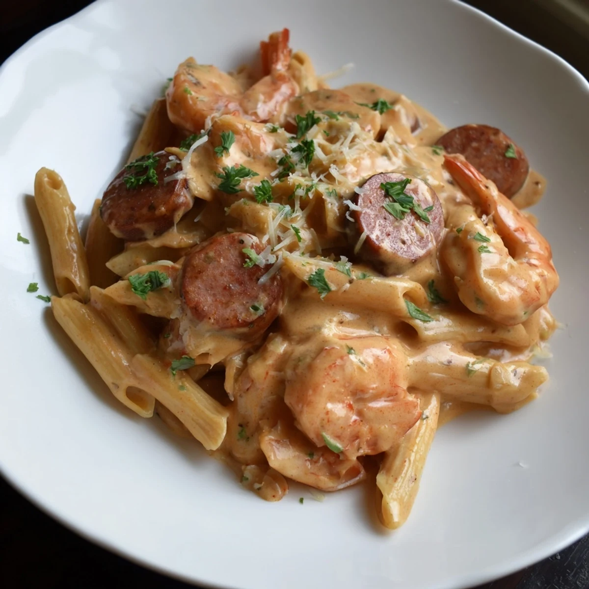 The rich Cajun Alfredo sauce coats every strand of pasta in this cheesy Sausage & Shrimp Alfredo Skillet.