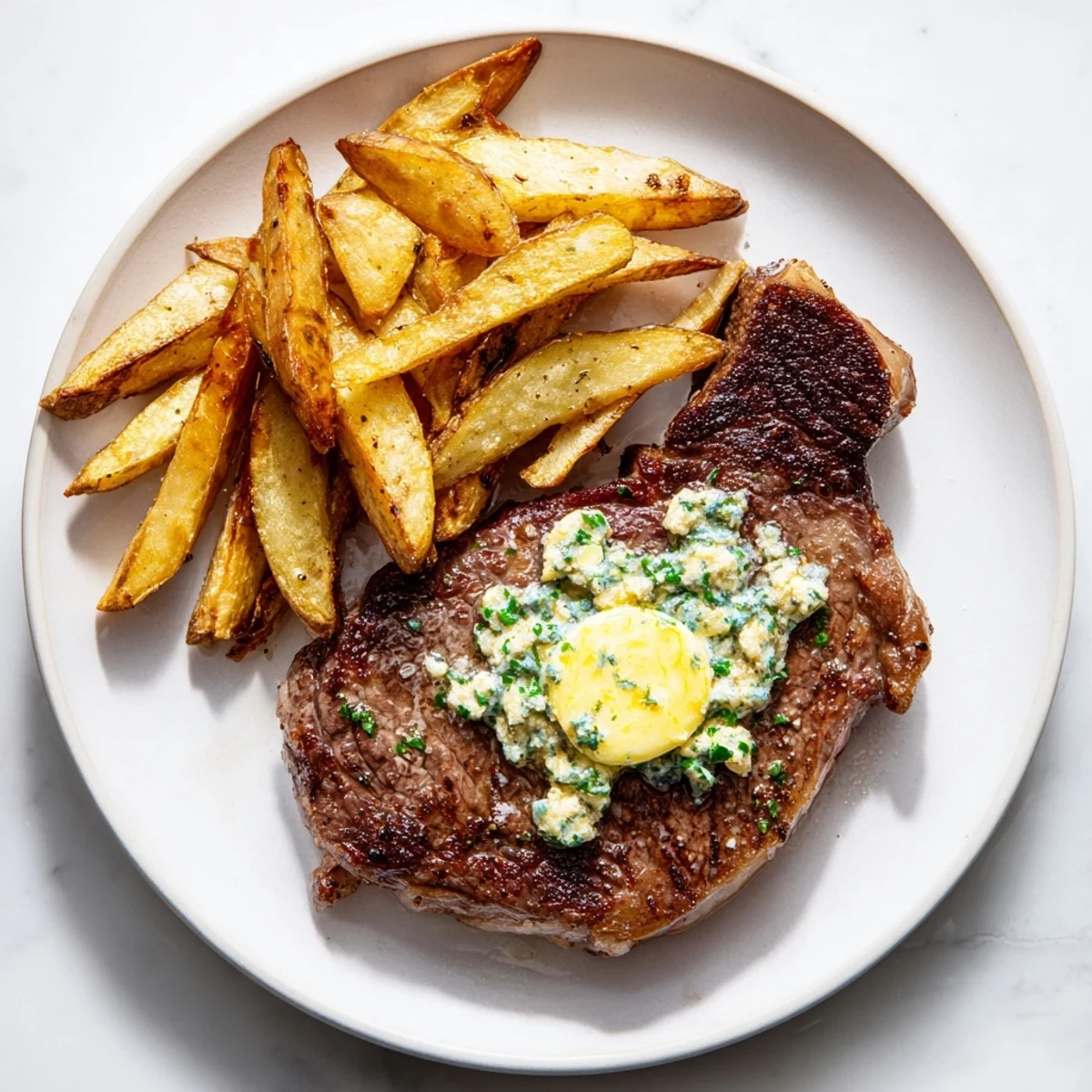 Golden-brown Steak and fries with melting garlic butter, a delicious steakhouse dinner.