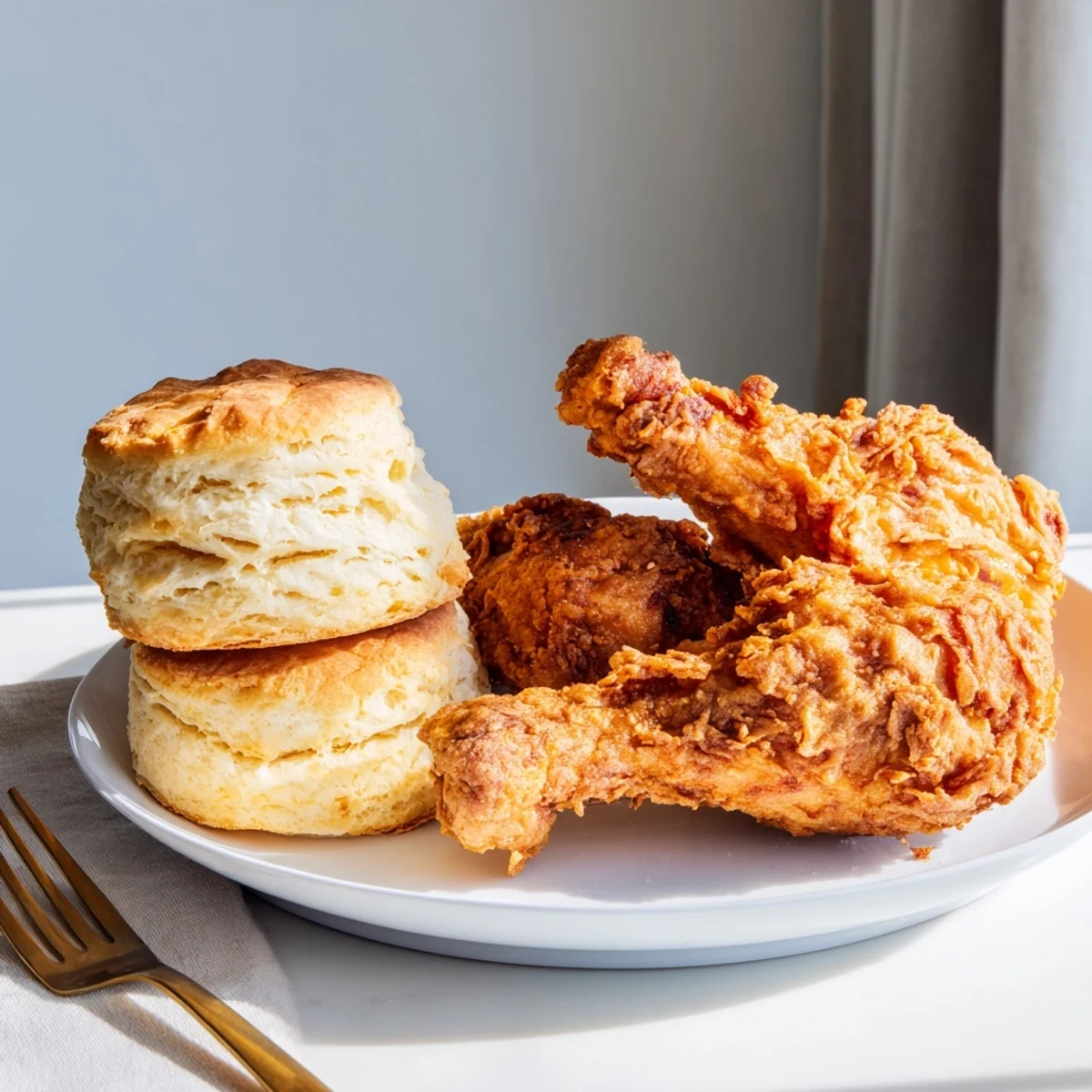 Golden-brown Southern fried chicken with fluffy buttermilk biscuits, a comforting homemade meal.