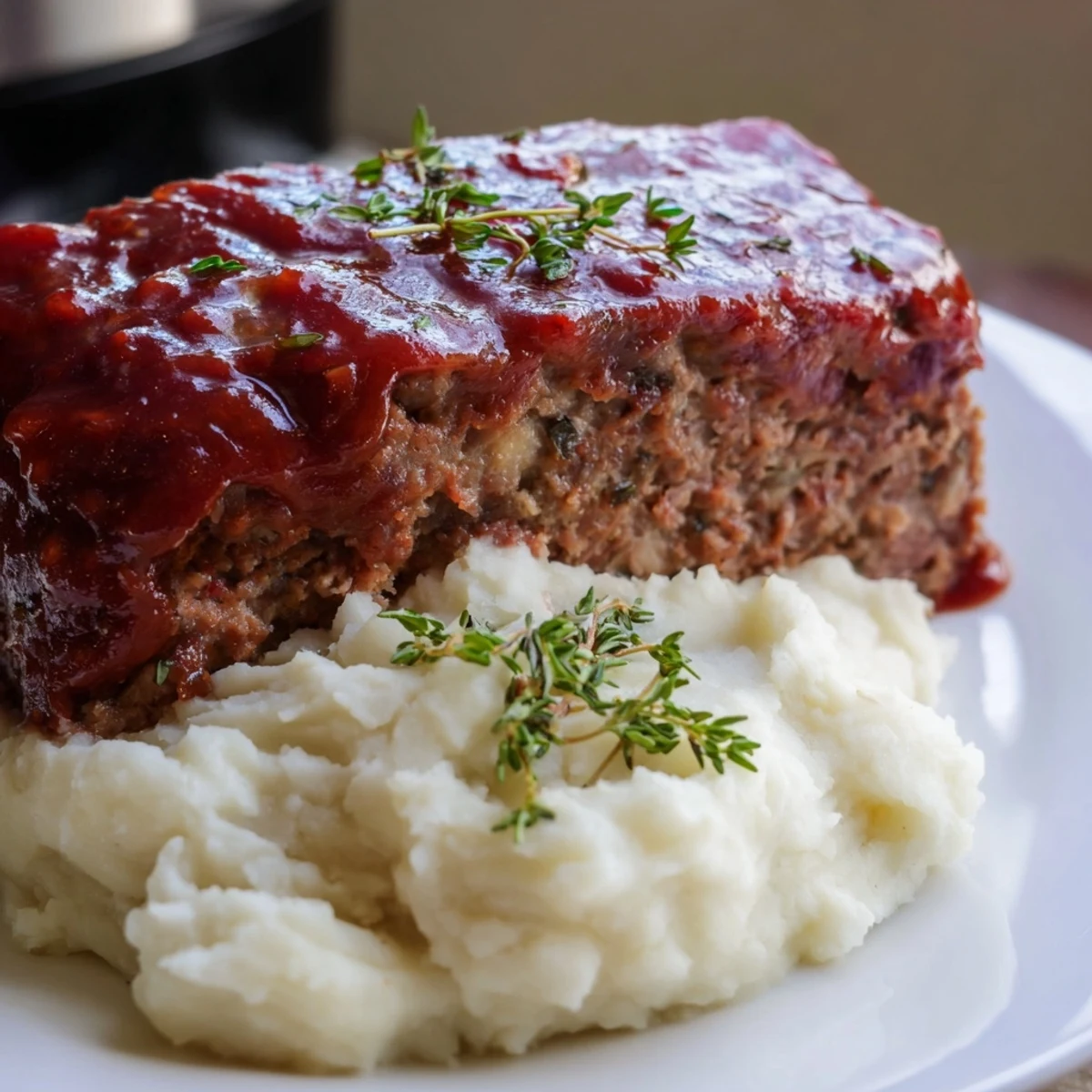 Golden-brown Classic Meatloaf, glazed and baked to perfection, sits next to fluffy mashed potatoes for a comforting meal.