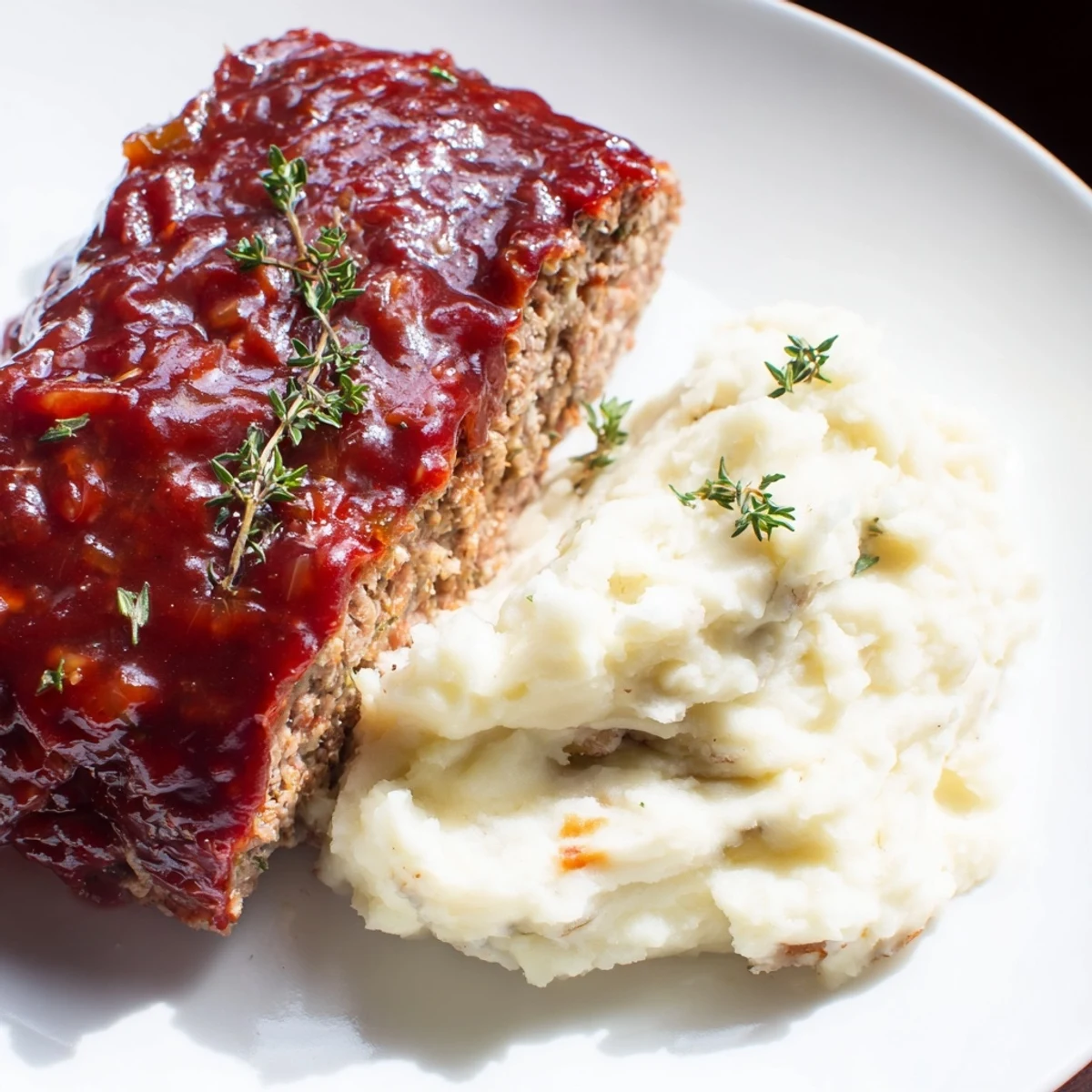 Hearty slices of Classic Meatloaf & Mashed Potatoes, a family favorite, garnished with fresh herbs and ready to eat.