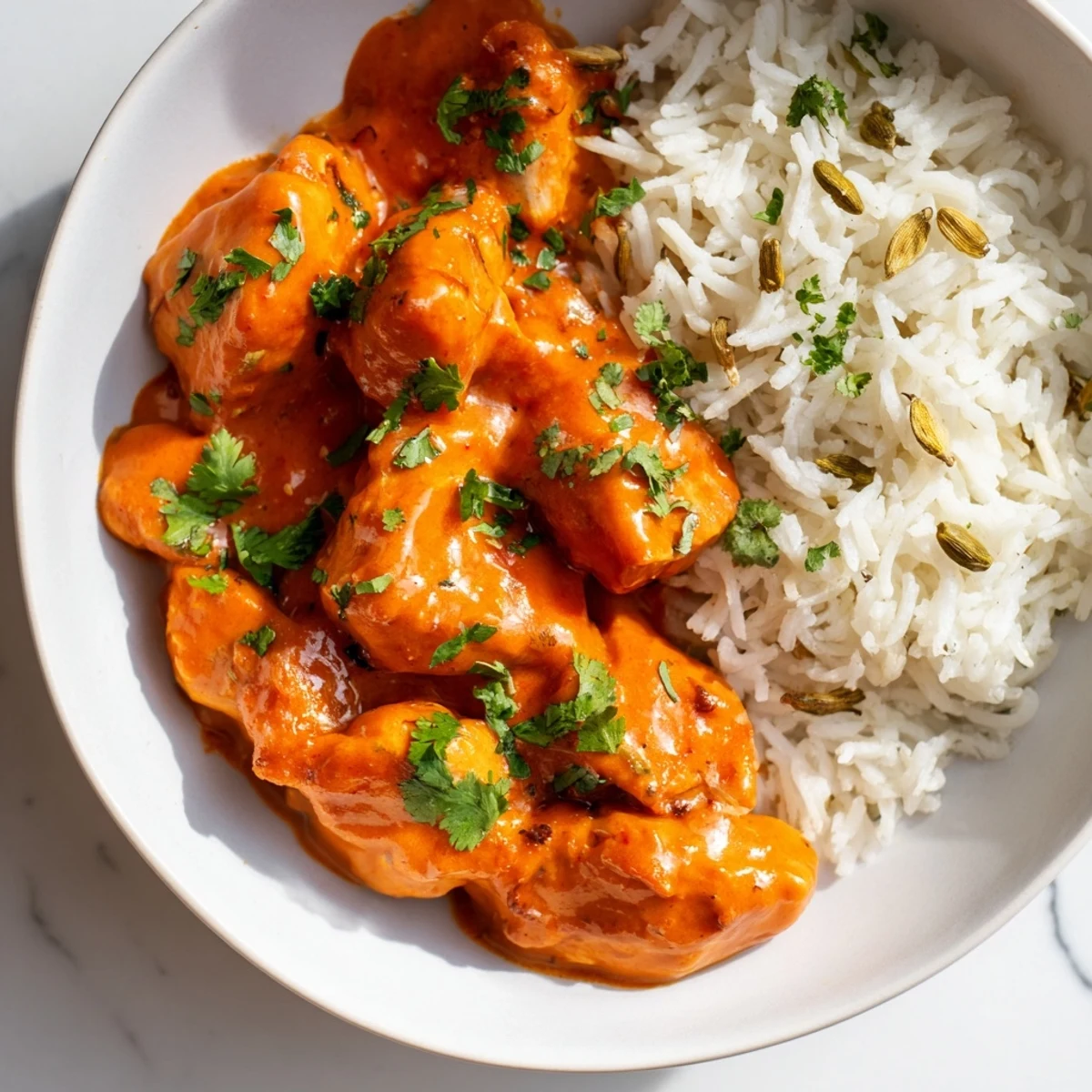 Golden butter chicken, a rich and creamy Indian feast served alongside fluffy rice pilaf.