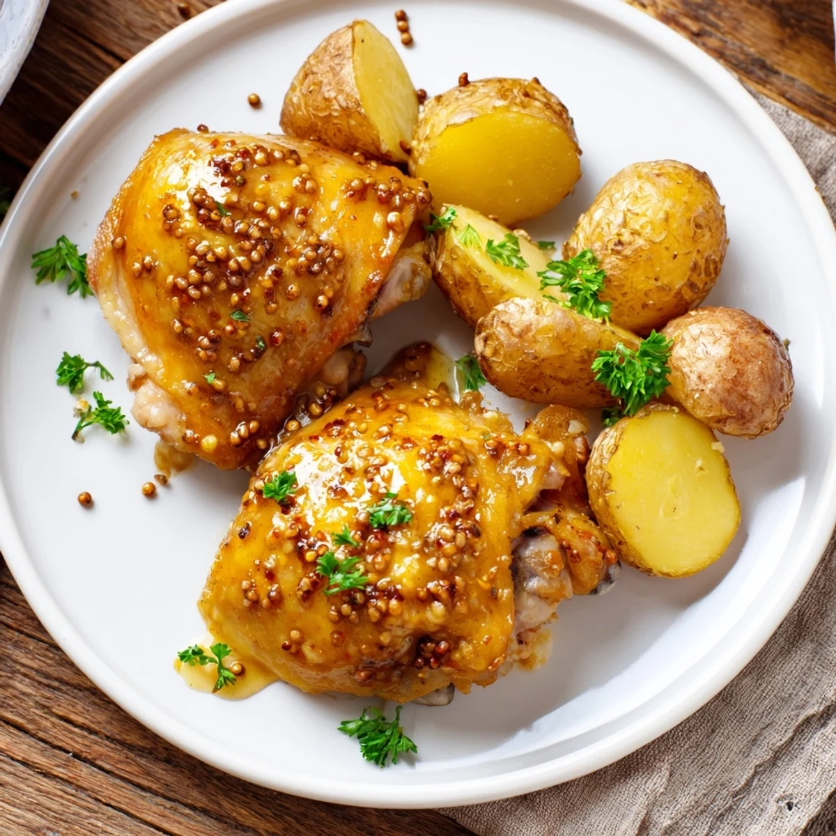 Golden brown Honey Mustard Chicken alongside crispy roasted potatoes, a delicious and easy American recipe.