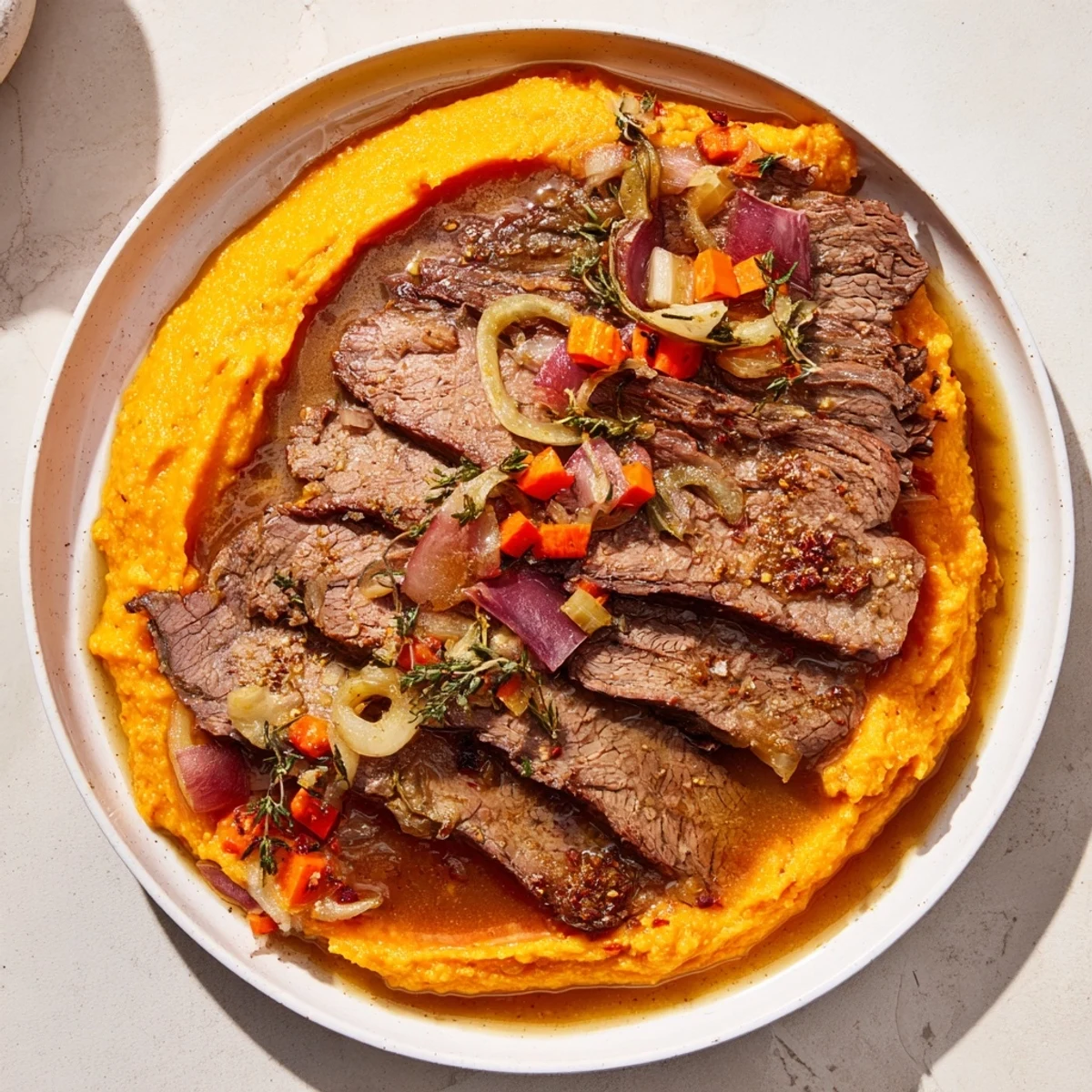 Tender classic brisket, served with fluffy mashed sweet potatoes, a satisfying, home-cooked meal.