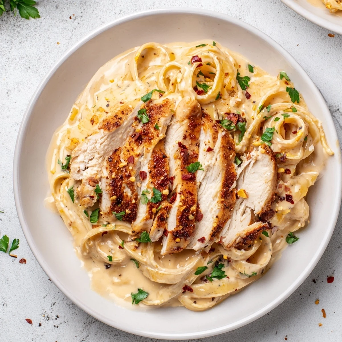 A plate of creamy Spicy Cajun Chicken Alfredo with tender, seasoned chicken and parsley.