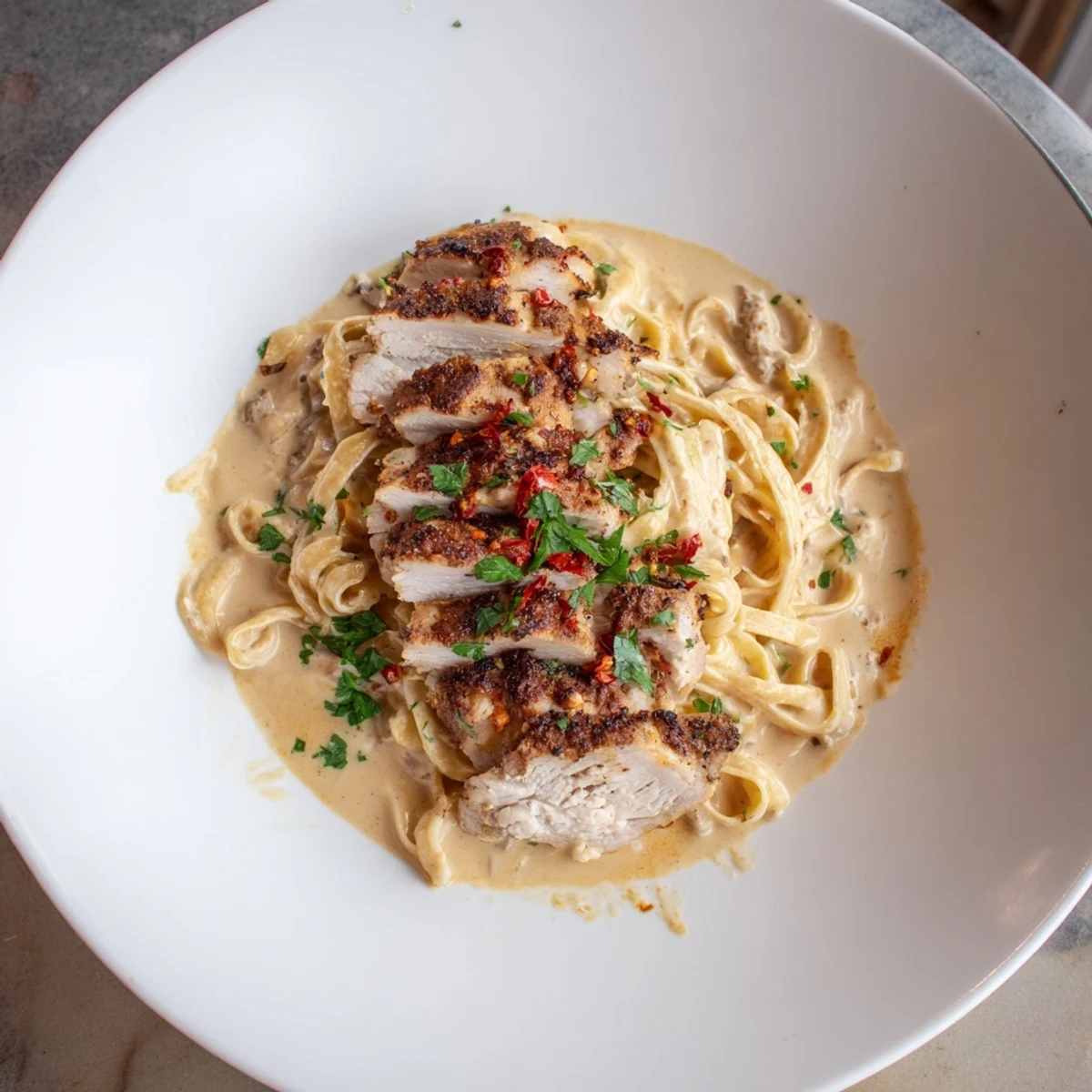Tender Cajun-spiced chicken and rich Alfredo sauce coat fettuccine in this Spicy Cajun Chicken Alfredo.