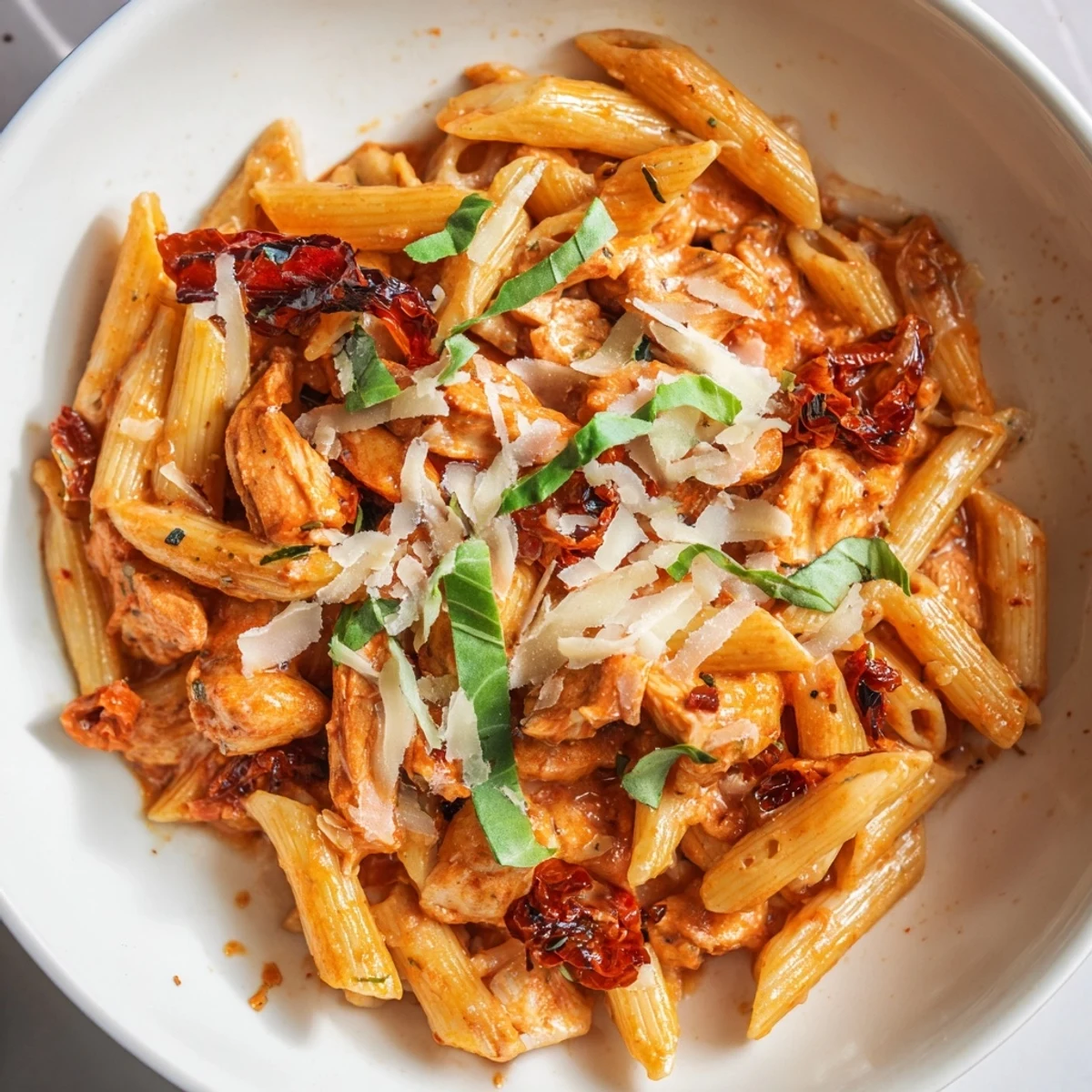 A close-up of Creamy Tomato Basil Chicken Pasta, showing tender chicken and fresh basil scattered on top.