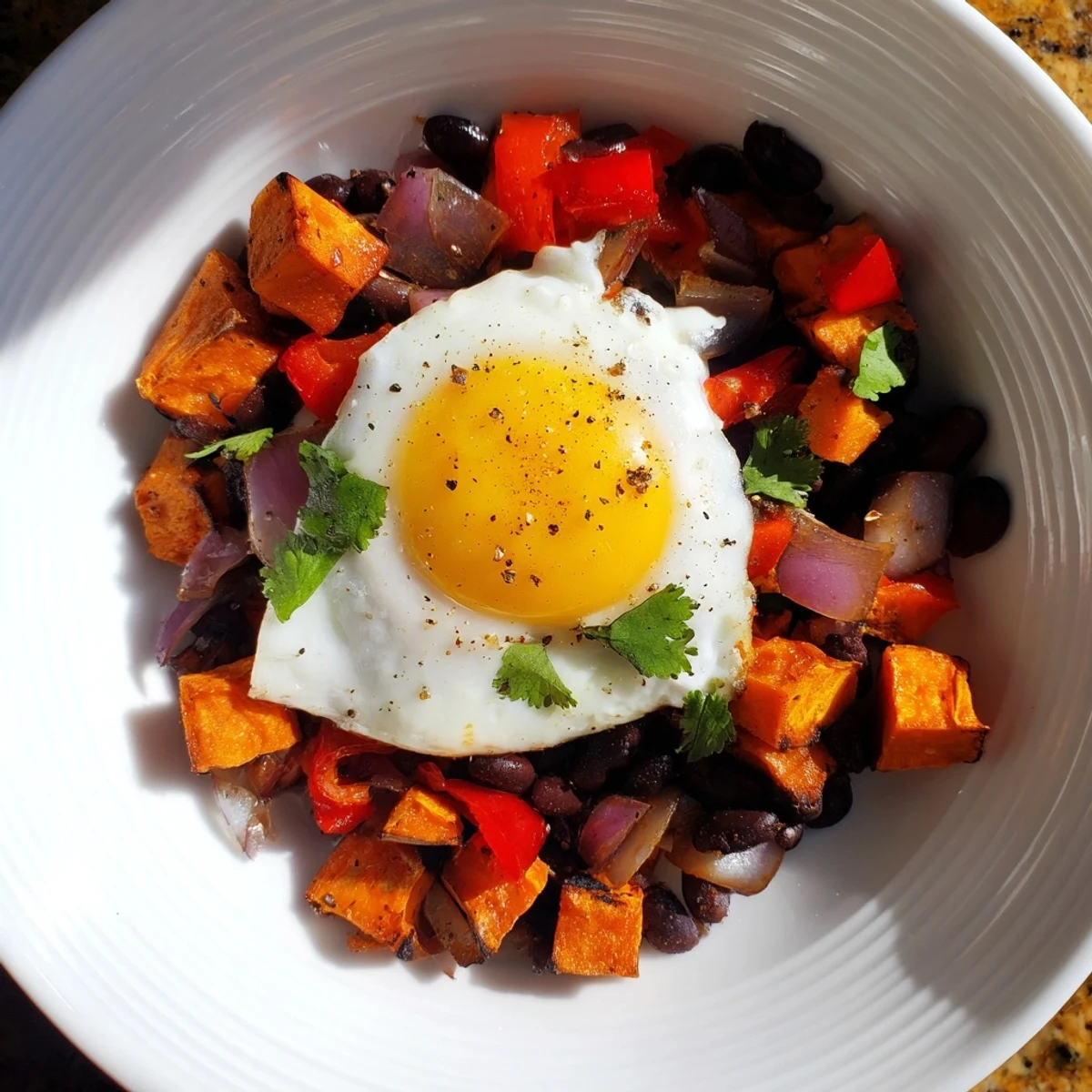 Sizzling skillet of Sweet Potato & Black Bean Breakfast Hash, a flavorful and hearty vegetarian meal.