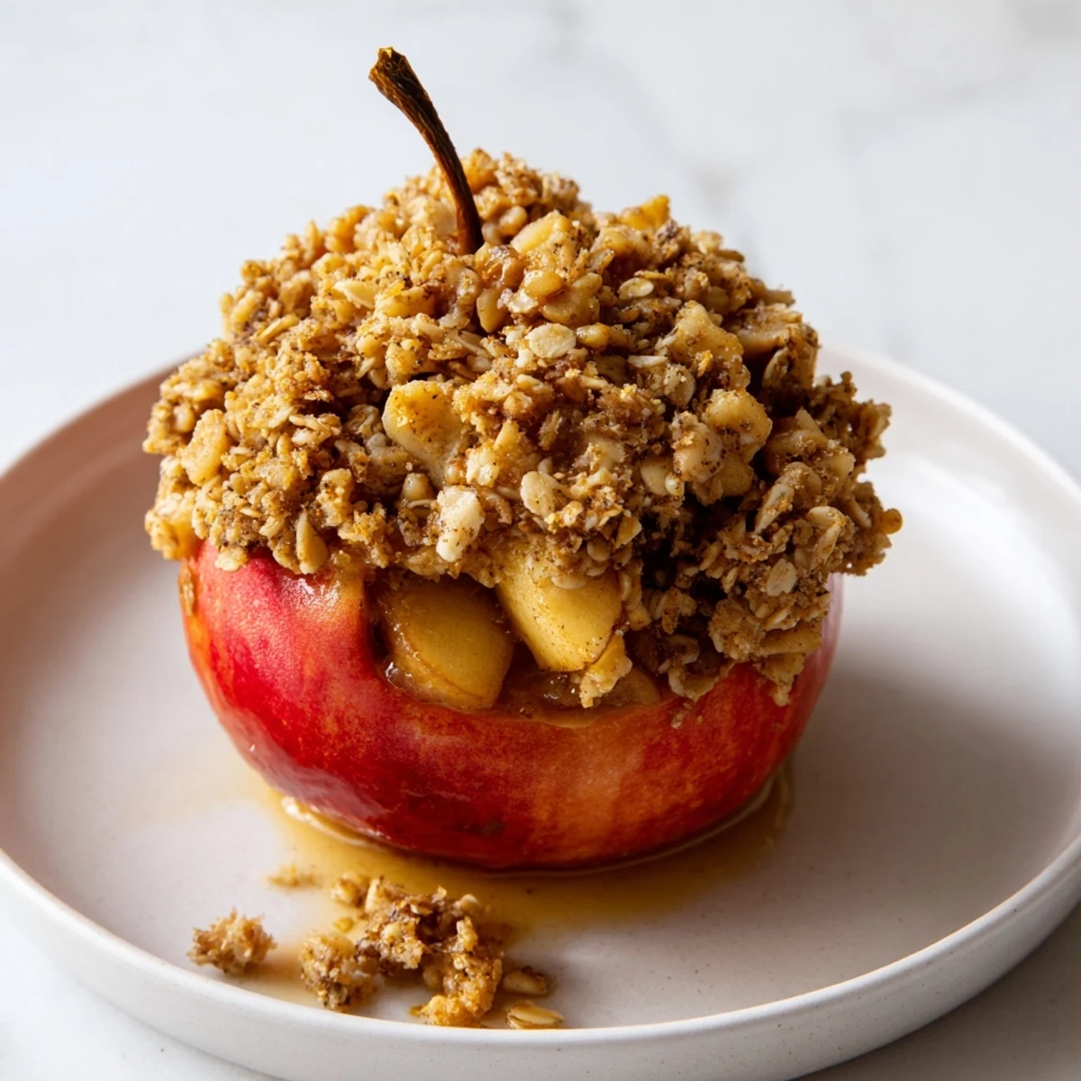 Golden, bubbly Baked Apples with Oat-Nut Crumble, fragrant and warm from the oven, ready to enjoy.