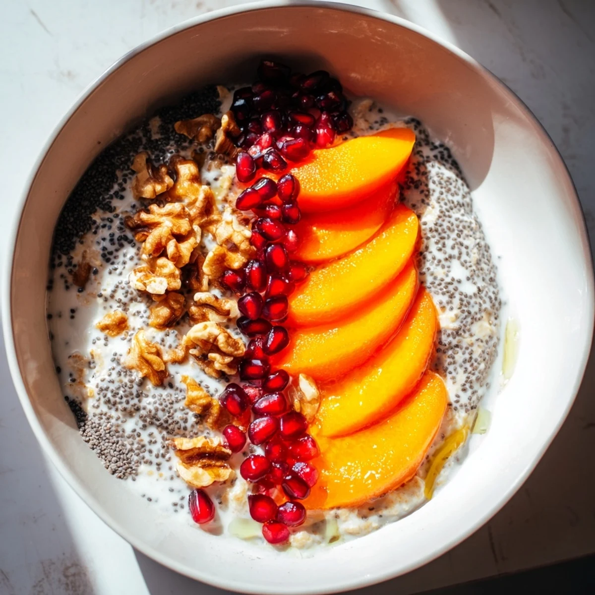A vibrant bowl of Overnight Oats with Persimmon, creamy and topped with pomegranate seeds.