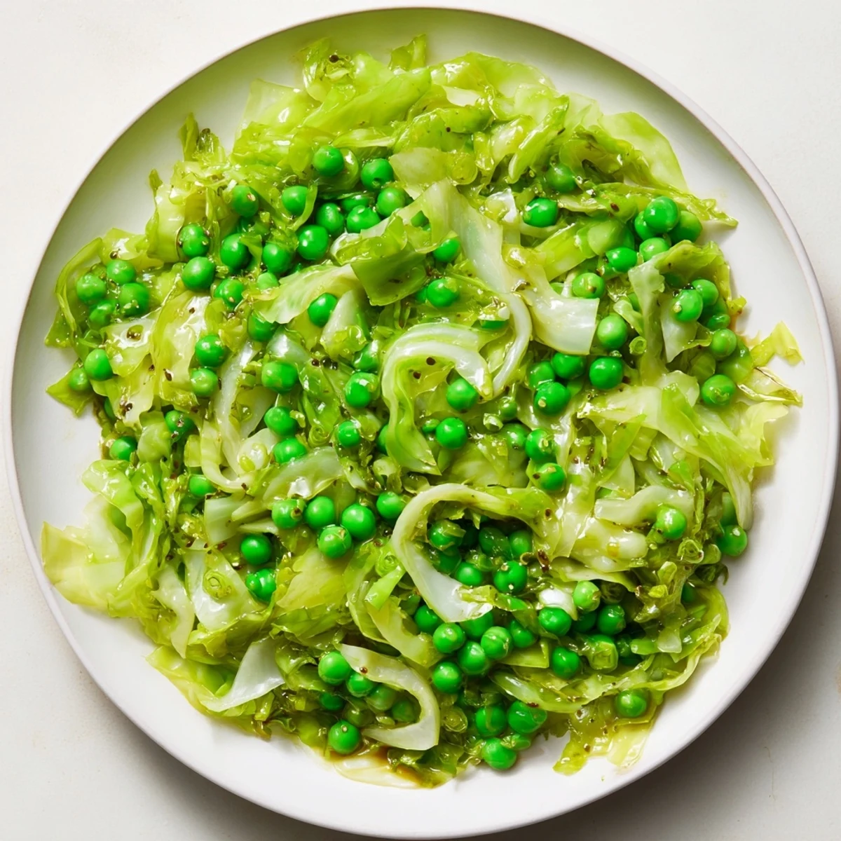 Steaming Cabbage Stir-Fry with garlic and peas, glistening with savory sauce for a quick, delicious dinner.