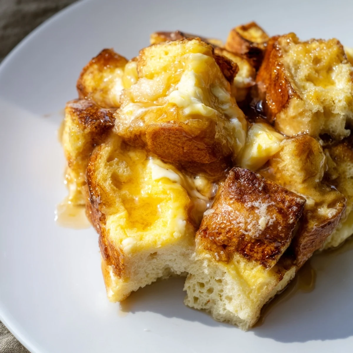 Golden-brown French toast bake, a warm breakfast casserole with a cinnamon-sugar topping and custardy bread.