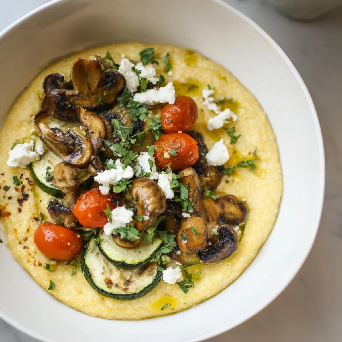 Warm, creamy Cornmeal Mush Polenta Bowls, topped with colorful roasted vegetables and fresh herbs for dinner.