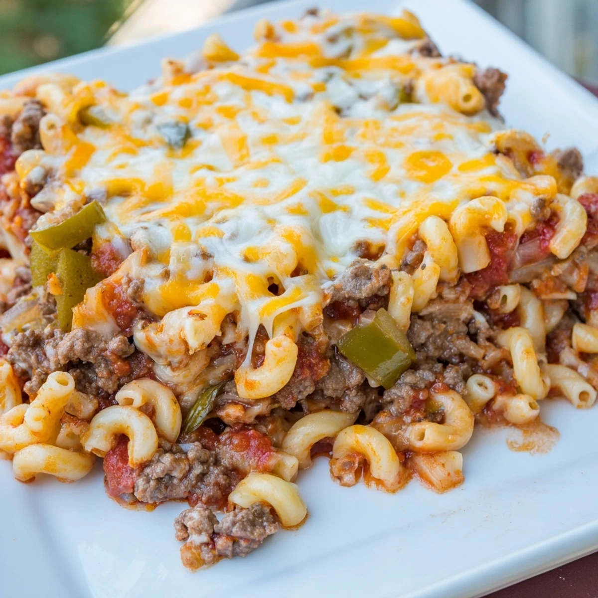 Golden, bubbly Hamburger Casserole topped with melted cheddar, steaming hot and ready to serve.