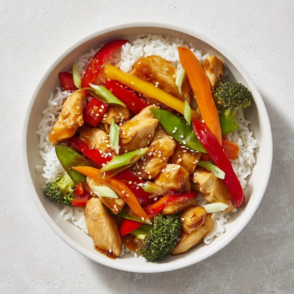 Steaming hot chicken stir-fry with vegetables, served over fluffy rice, ready to eat!