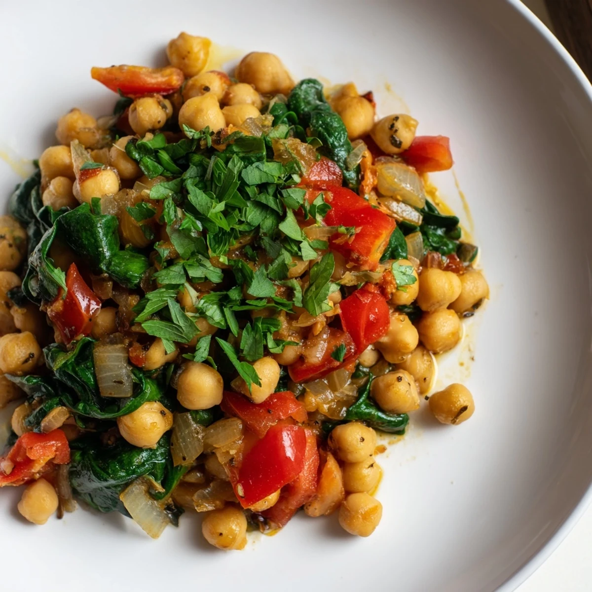 A flavorful Vegetarian Chickpea & Spinach Skillet, ready to be served with crusty bread for dipping.