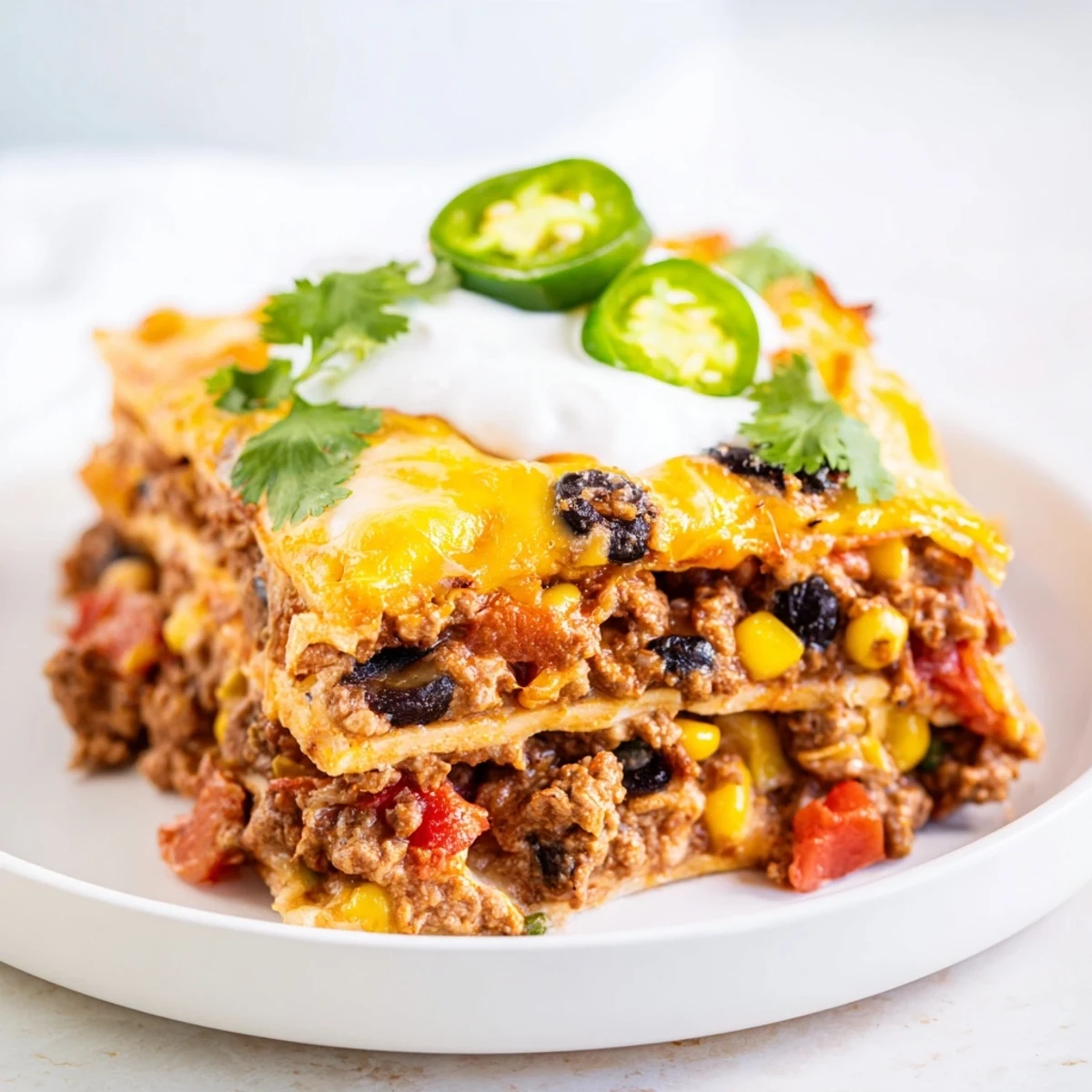 Golden-brown Taco Lasagna, a Tex-Mex fusion masterpiece, offering a taste of comfort food.
