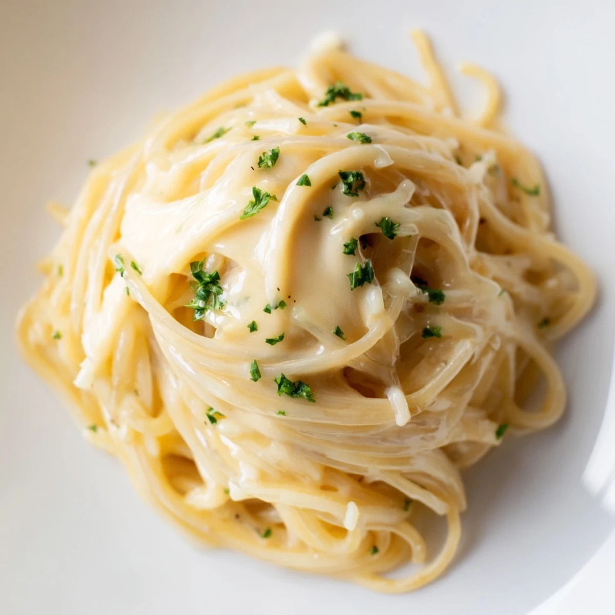 A steaming bowl of Creamy Three-Cheese Spaghetti, garnished with fresh parsley, looks incredibly delicious.