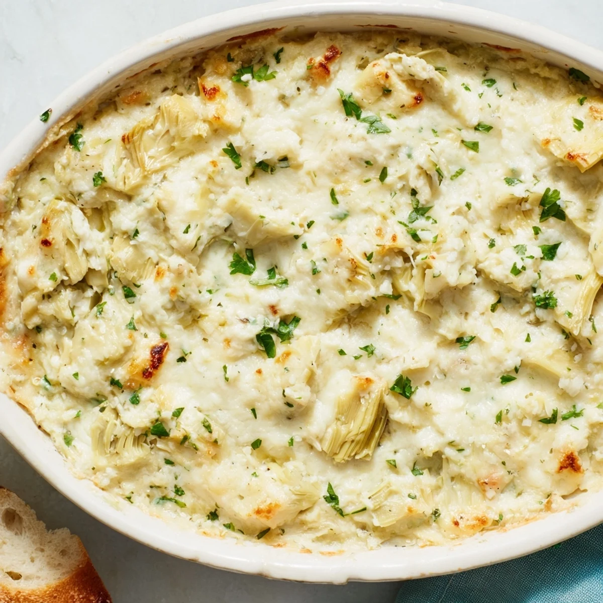 Golden-brown Baked Artichoke Dip, bubbling from the oven, ready to scoop with crackers.