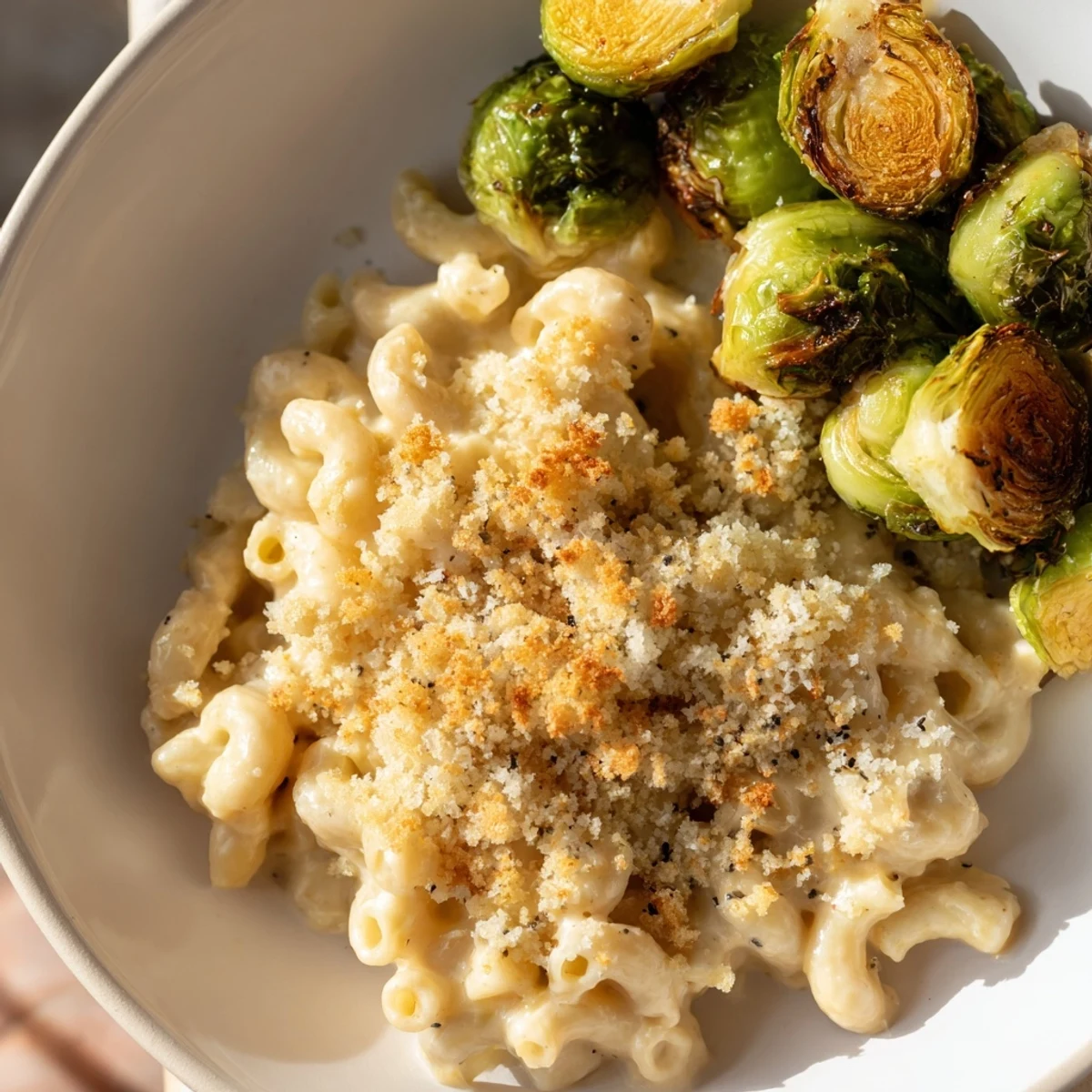 Sheet pan mac and cheese with Brussels sprouts, golden-brown and bubbling hot, ready to serve and enjoy.