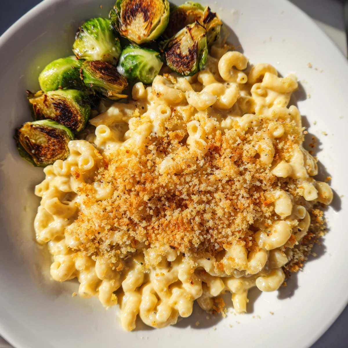 This sheet pan mac and cheese includes tender pasta and roasted Brussels sprouts, a perfect comforting dinner.