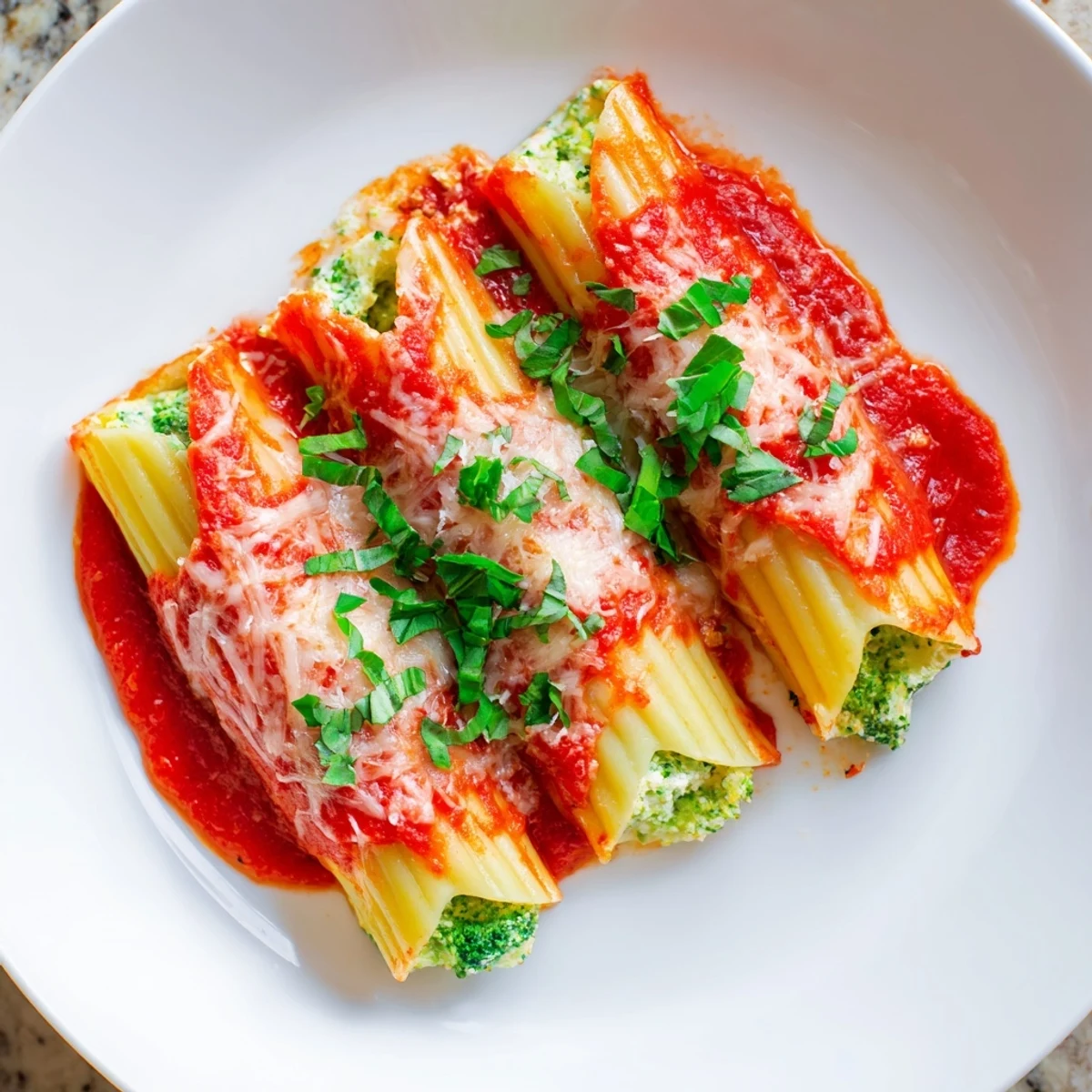Cozy Broccoli Stuffed Manicotti bubbling in a rich tomato sauce, topped with melted mozzarella cheese.