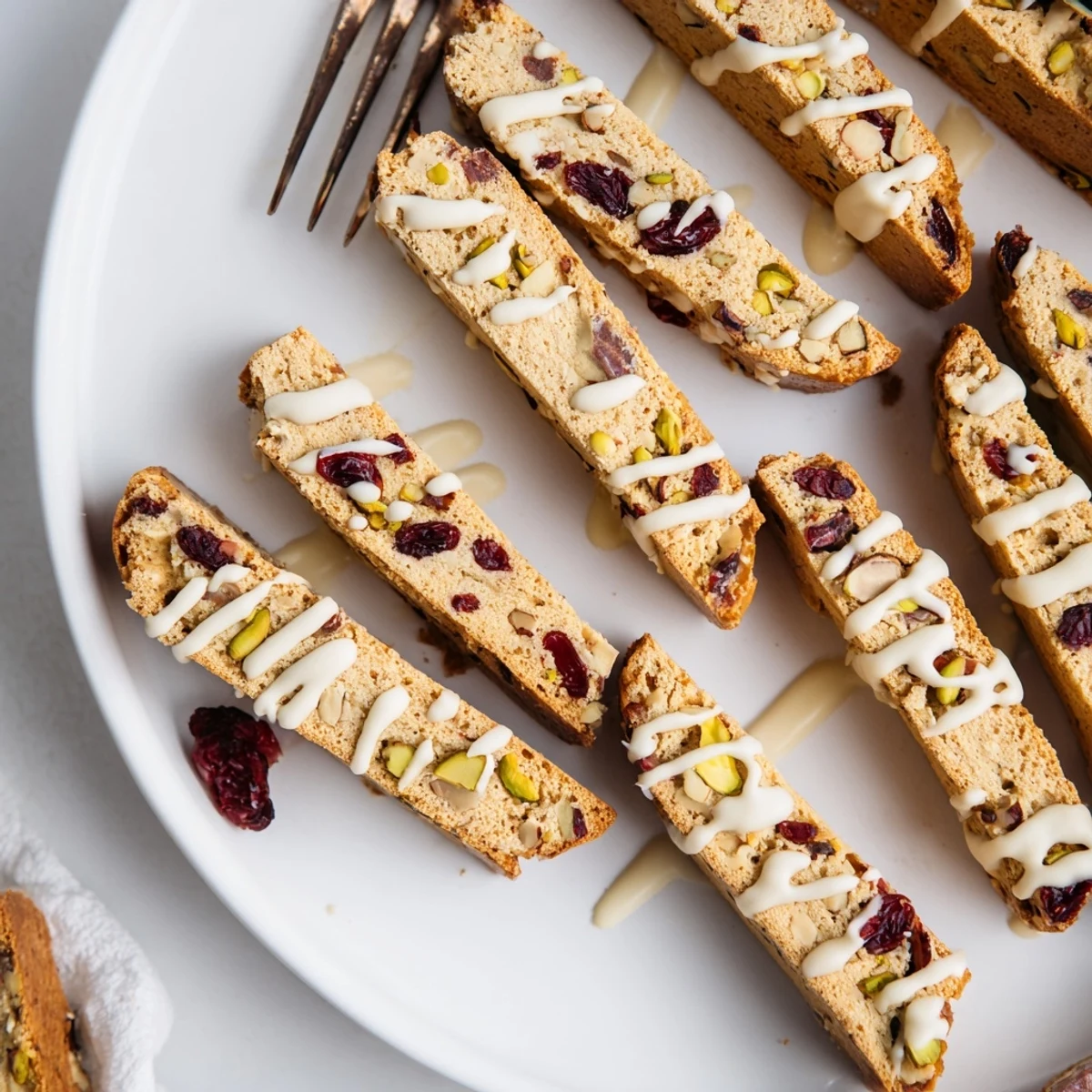 Golden, crisp white chocolate cranberry pistachio biscotti dripping with melted white chocolate, a perfect treat.