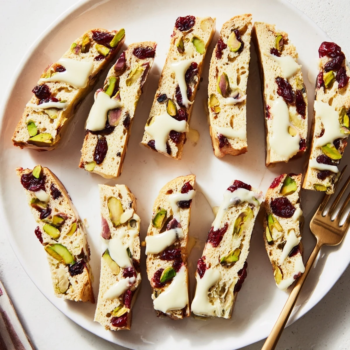 Enjoy crunchy Italian white chocolate cranberry pistachio biscotti dipped in coffee for a delightful morning experience.