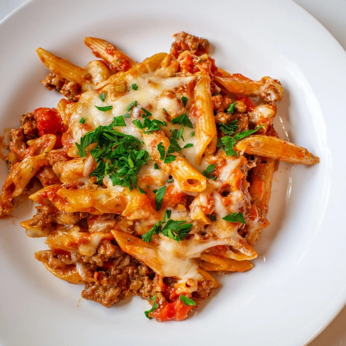 A close-up of a steaming Budget Sausage and Cheese Pasta Bake, ready for a comforting family meal.