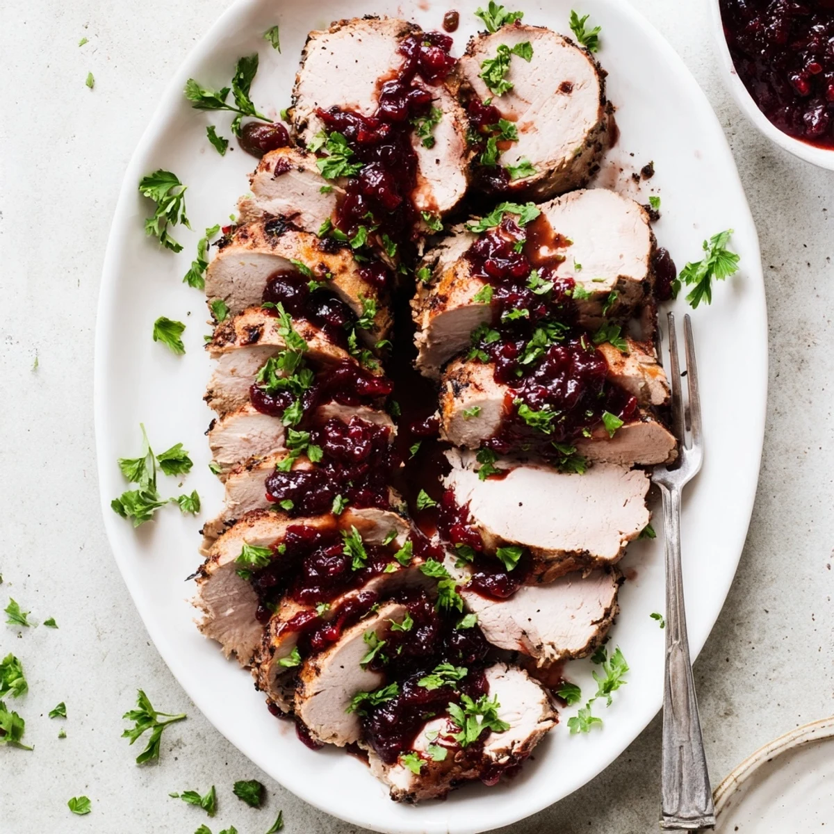 Seared Tart Cherry Date Glazed Pork Tenderloin with glistening glaze, ready to serve and enjoy.