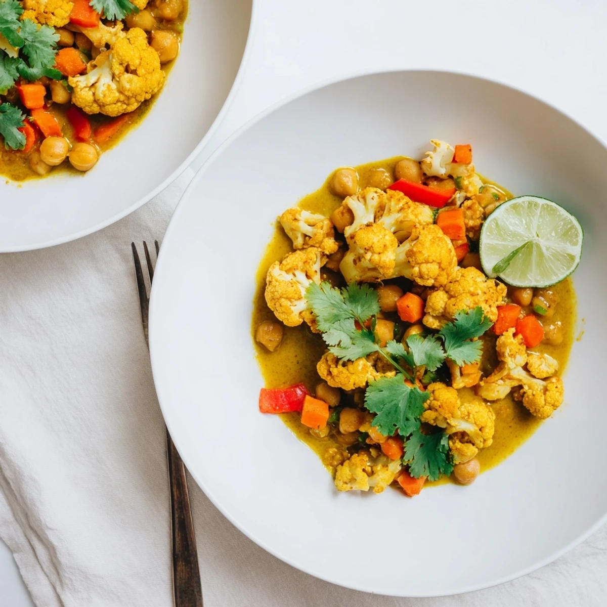 Steaming bowl of curried cauliflower and chickpea stew, garnished with fresh cilantro and lime wedges.