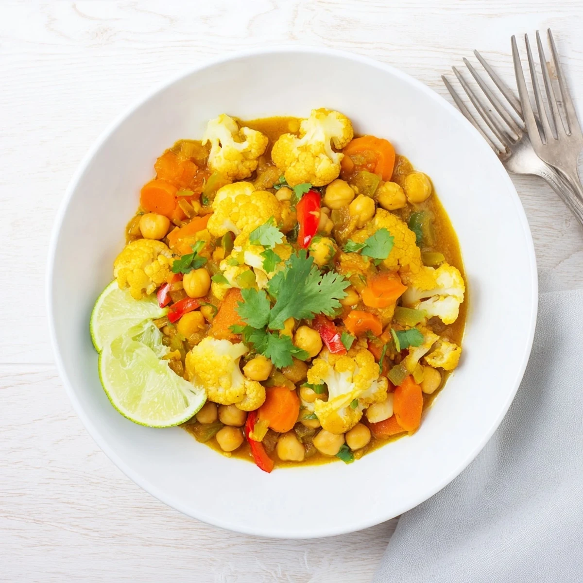 Enjoy a spoonful of the flavorful curried cauliflower and chickpea stew, perfect for a cozy dinner.