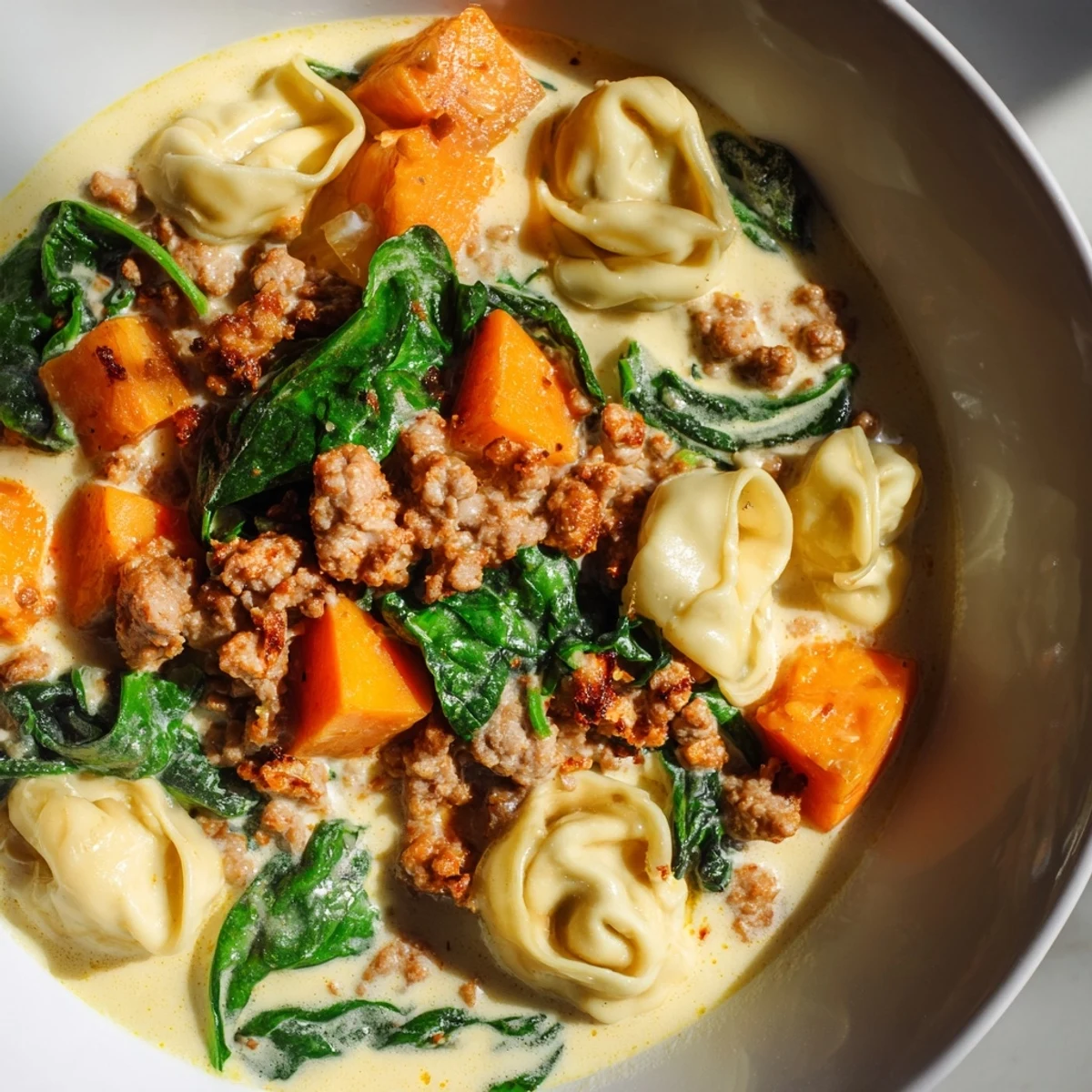 Steaming bowl of creamy sausage tortellini soup with bright spinach and sweet potatoes, ready to serve.