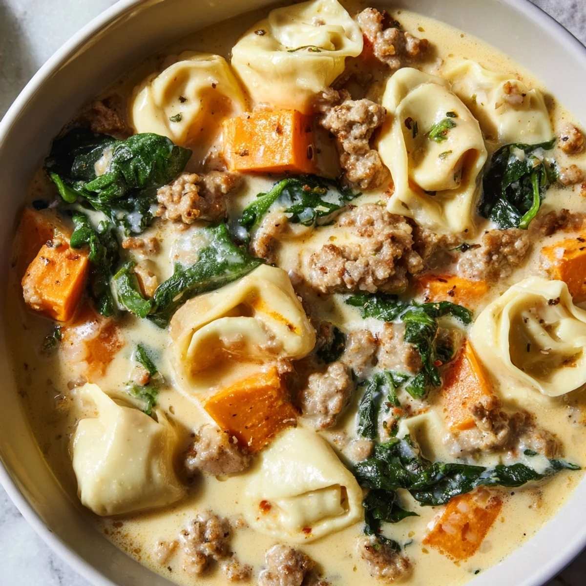 A close-up view of the hearty sausage tortellini soup, showing rich broth and tender pasta.