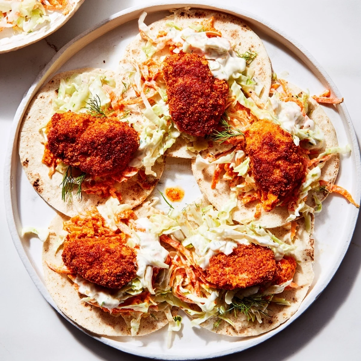 Spicy Buffalo Chicken Smash Burger Tacos are pictured, with crispy chicken, creamy slaw, and warm tortillas.