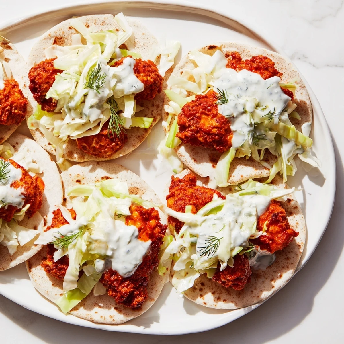 Golden, smashed Buffalo Chicken Smash Burger Tacos, ready to be devoured with fresh, colorful ranch slaw.