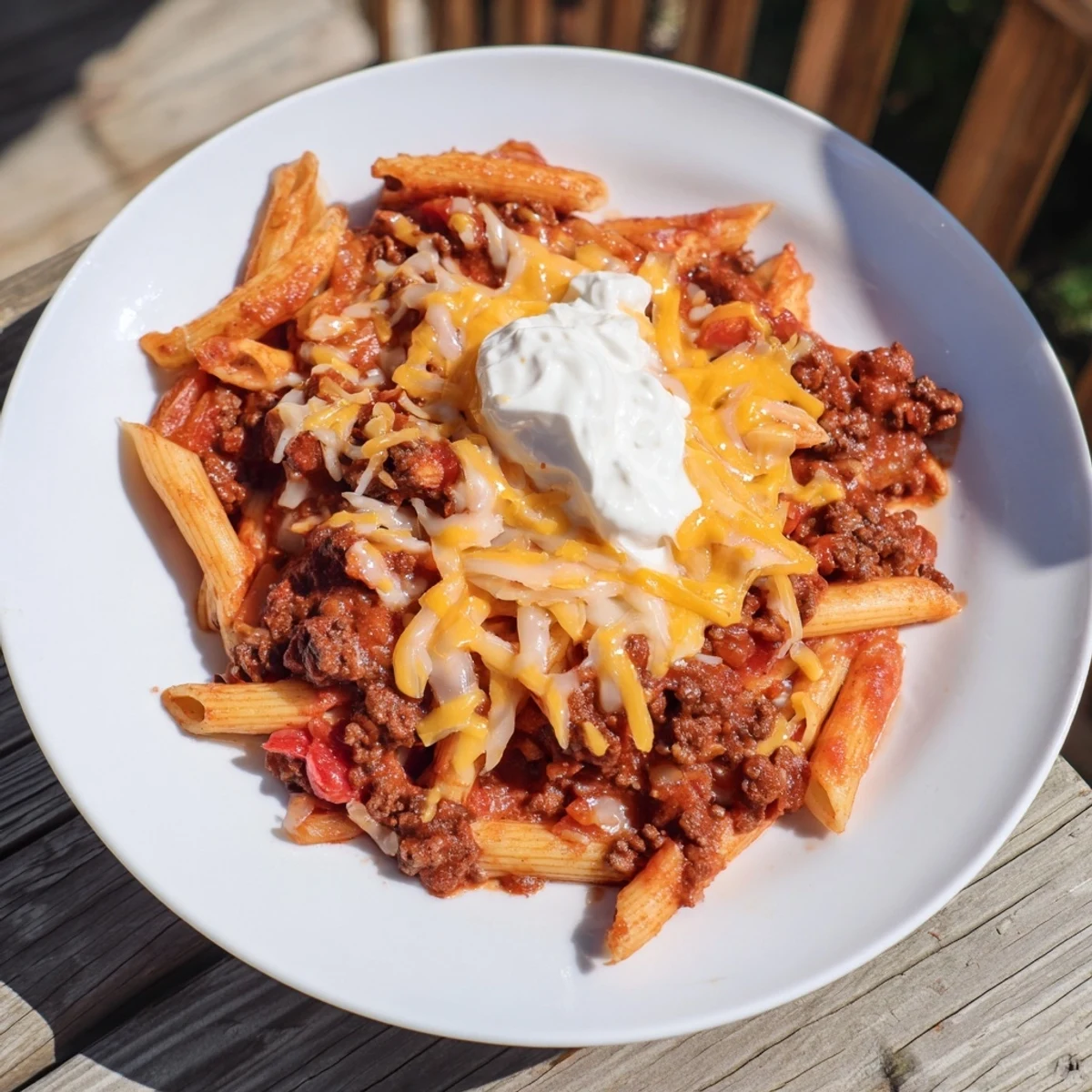 A comforting bowl of Easy Beef Enchilada Pasta, hot and ready for a weeknight dinner.