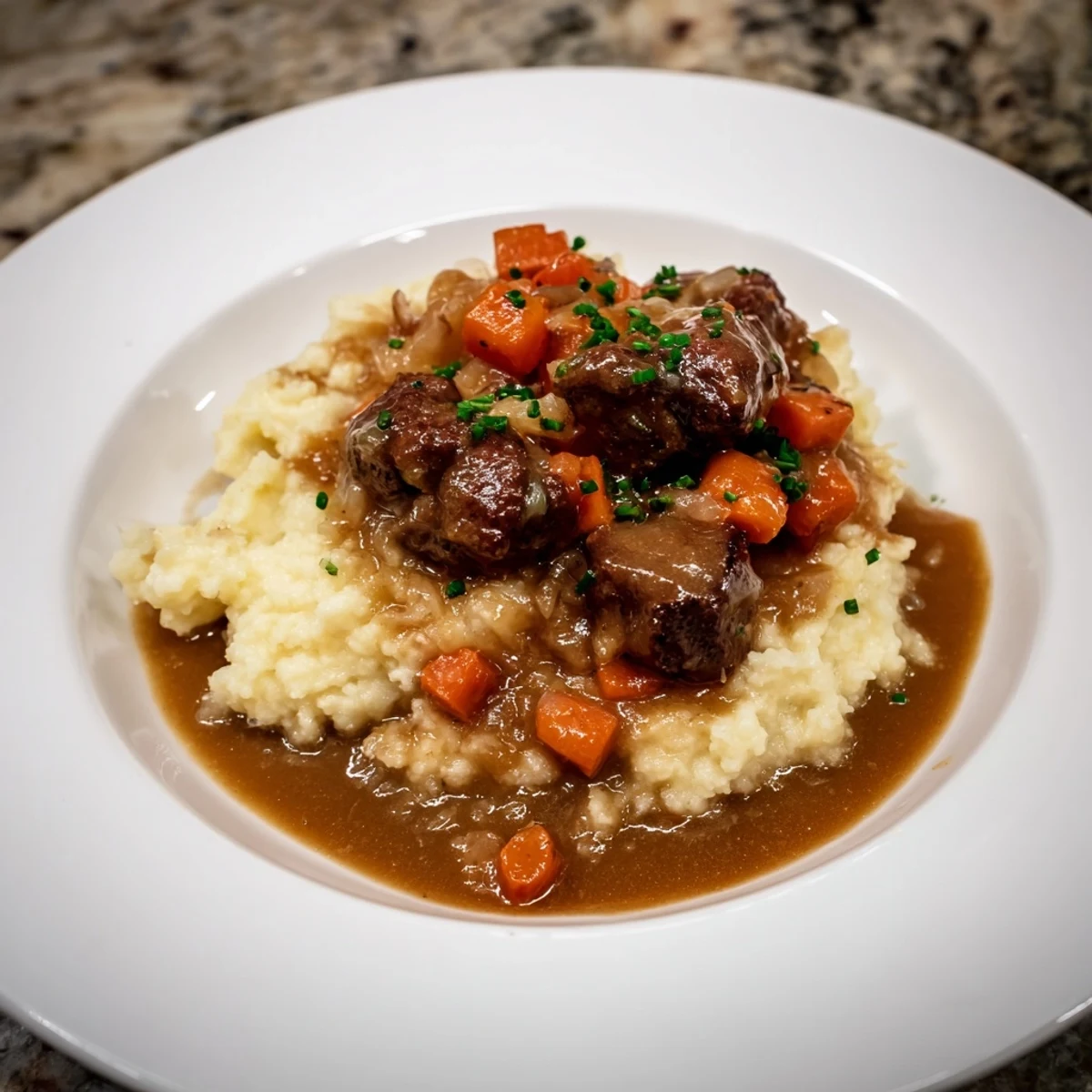 Fall Apple Cider Stew Mash with tender beef and creamy cheddar mashed potatoes.