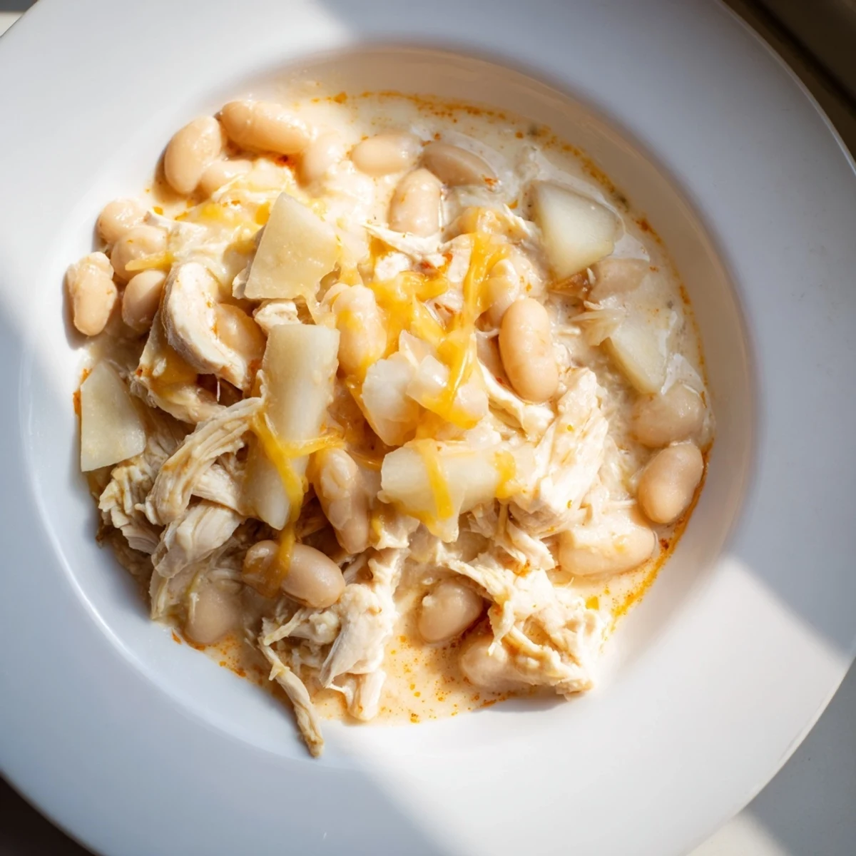 A warm bowl of 35-Minute White Cheddar Apple Chicken Chili, topped with extra shredded cheddar.