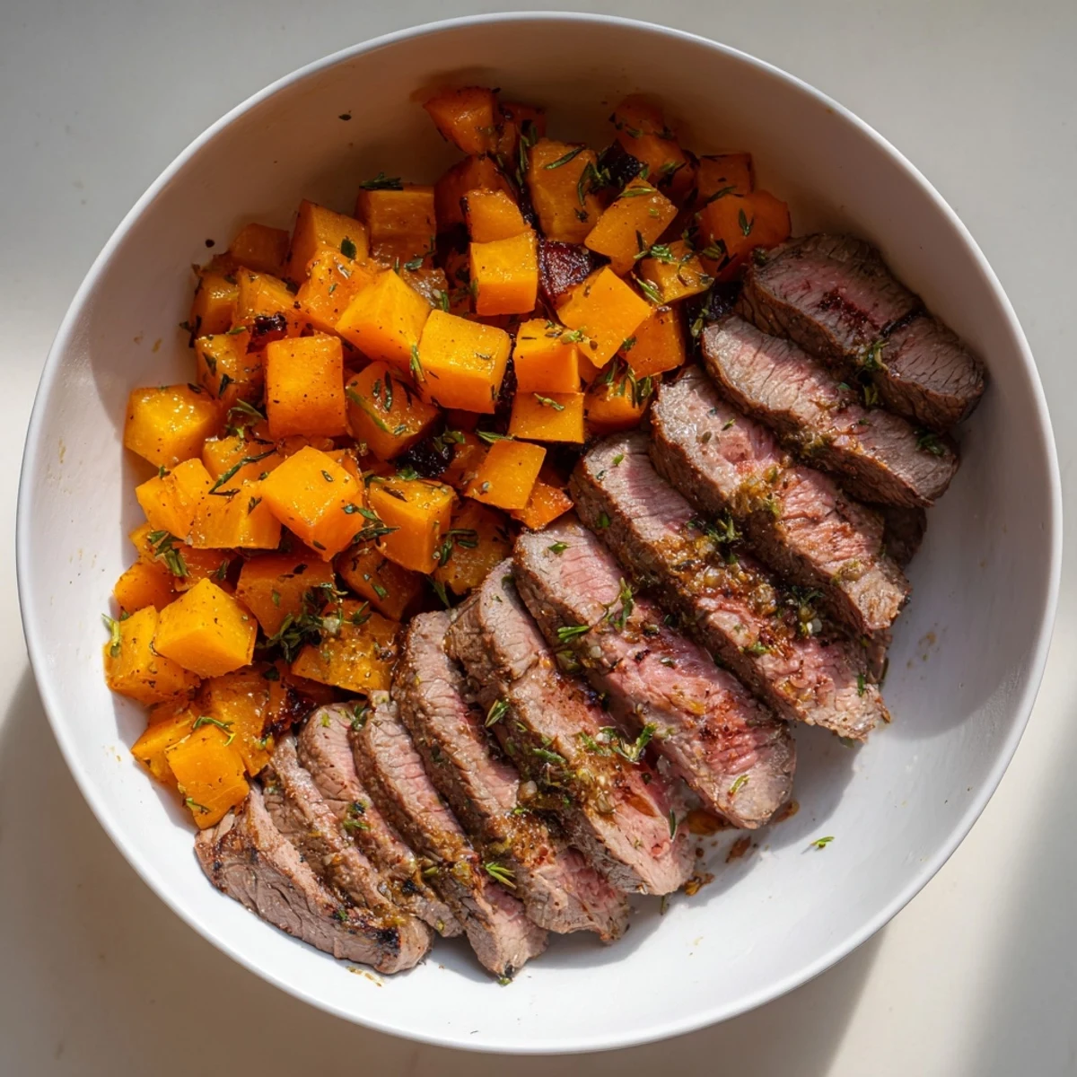 Sizzling garlic-herb steak bowls featuring roasted butternut squash, perfect for a flavorful weeknight supper.