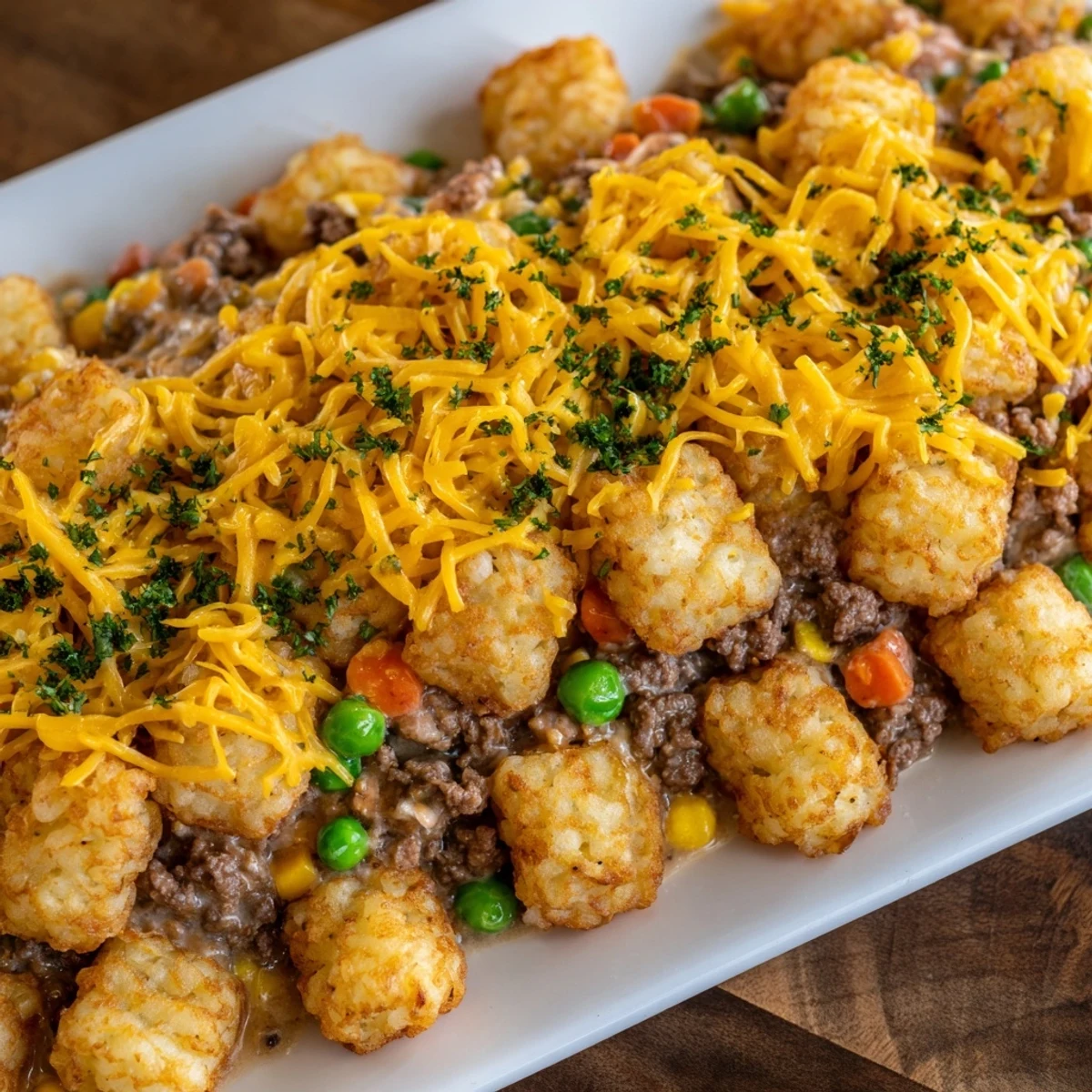 A close-up of a Quick Christmas Tater Tot Casserole, cheesy with crispy tater tots.