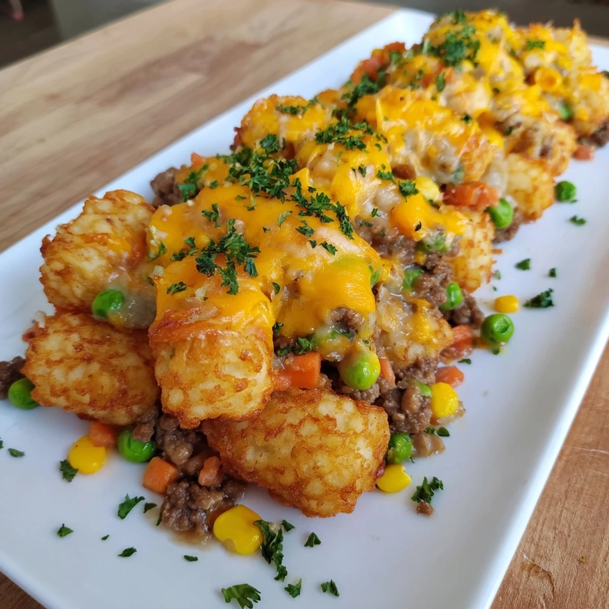 Golden tater tots topping a bubbly Quick Christmas Tater Tot Casserole, a comforting holiday meal.