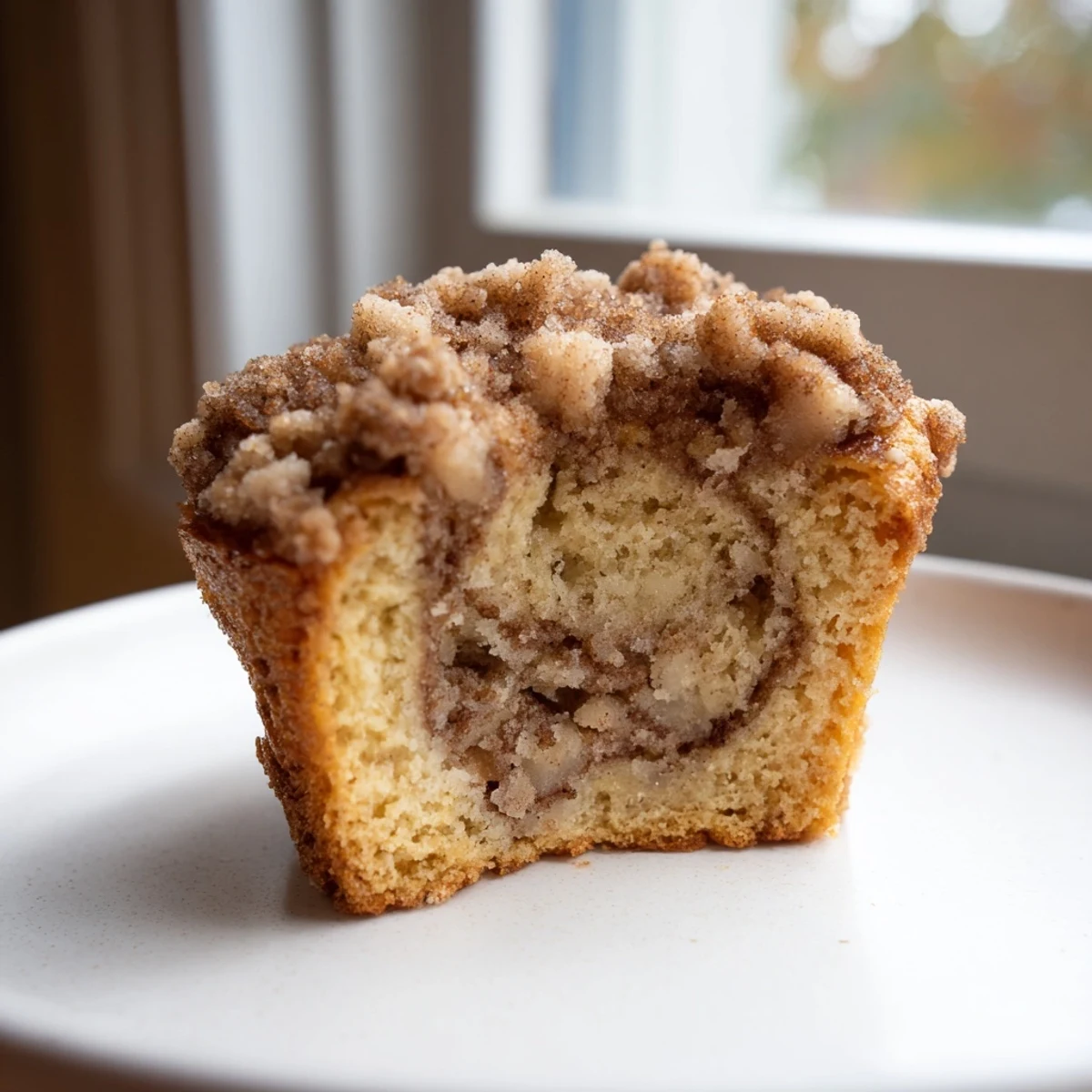 Warm, freshly baked lightened Christmas coffee cake muffins with a delicate, crumbly streusel.