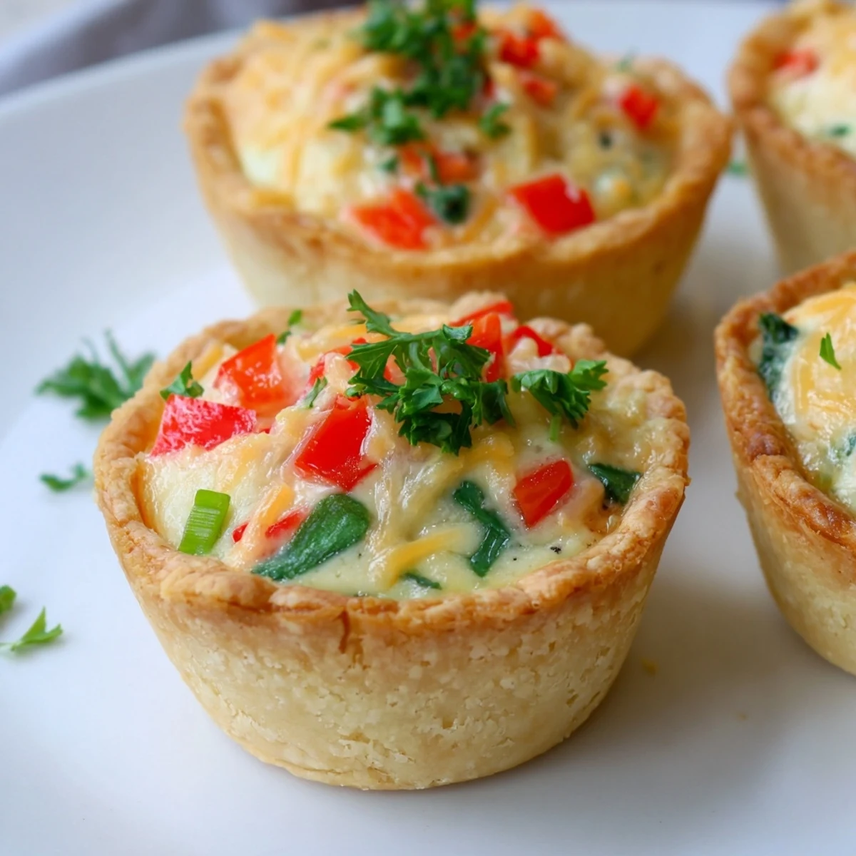 A close-up of delicious Easy Festive Mini Quiche Cups, perfect bite-sized appetizers for a brunch spread.