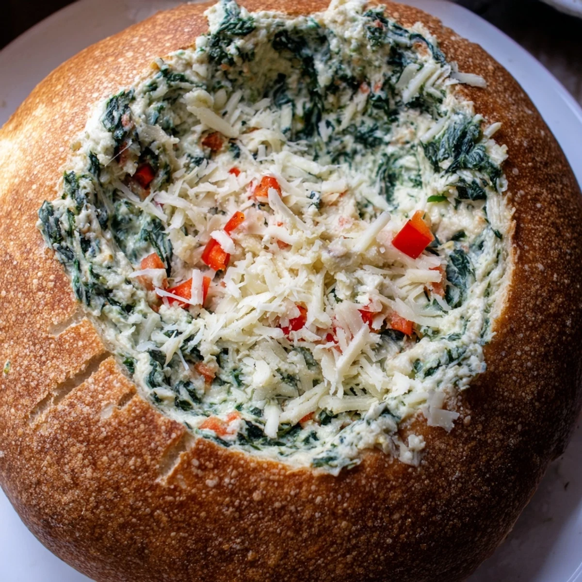Festive, cheesy Express Holiday Spinach Dip bread bowl, with a golden-brown baked top and vibrant red peppers.