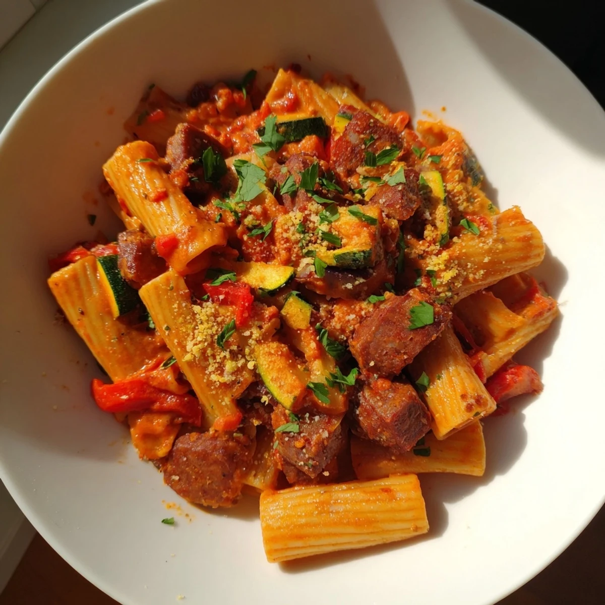 A flavorful Spicy Vegan Chorizo Baked Pasta, creamy and tomato-based, is ready for serving on a plate.