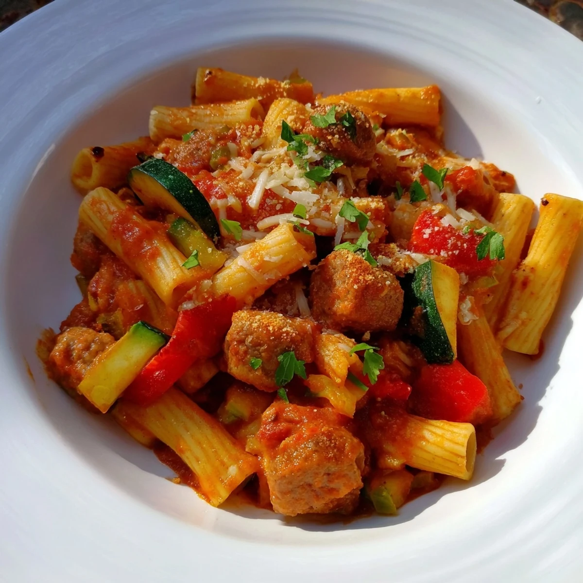 Spicy Vegan Chorizo Baked Pasta, bubbling with melted vegan mozzarella and roasted vegetables, looks delicious.