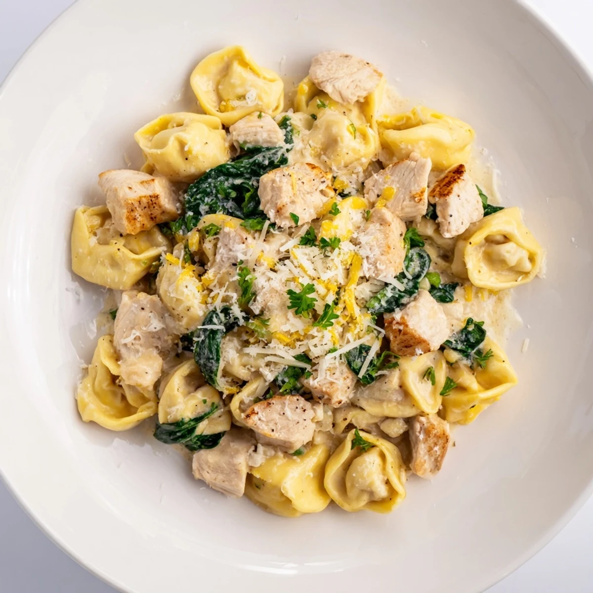 Golden-brown chicken peeks out of Creamy Chicken and Spinach Tortellini, ready for a comforting bite.