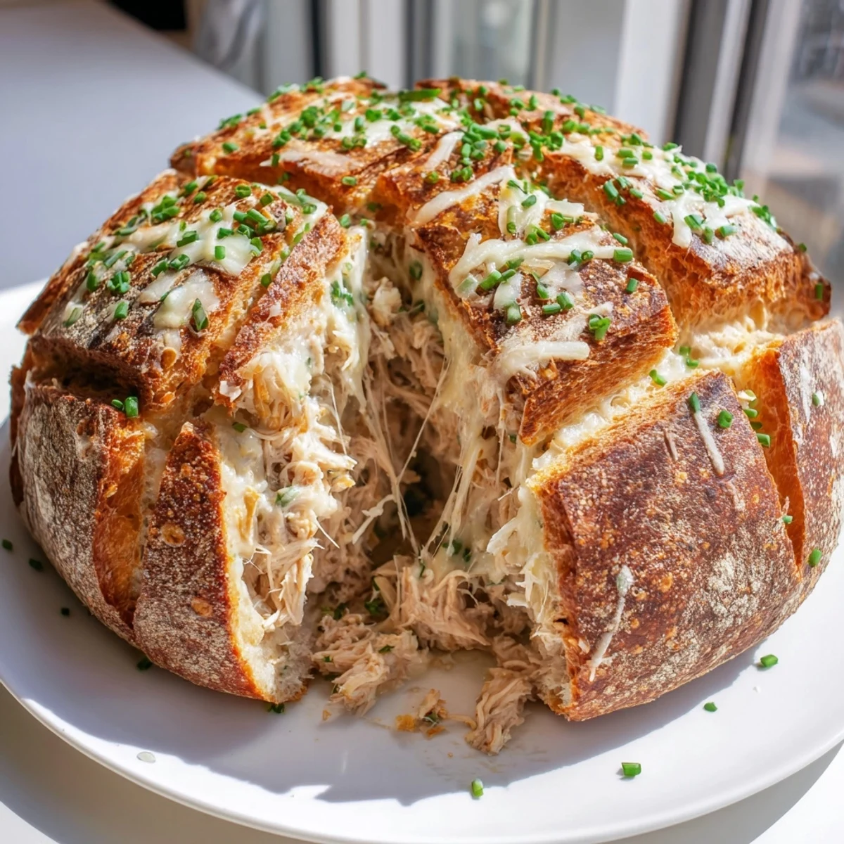 Warm, pull-apart pieces of cheesy Leftover Chicken Bake, generously filled with chicken, fragrant with herbs.
