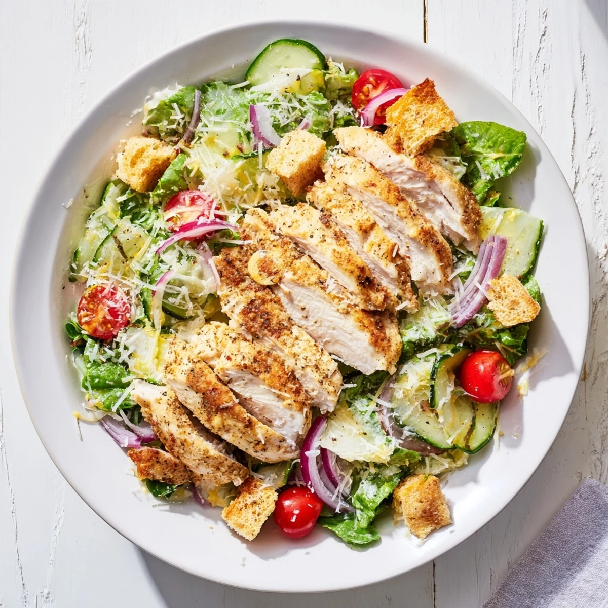 A vibrant Quick Crunchy Lemon Parmesan Chicken Salad, showcasing tender chicken, Parmesan, and a bright lemon vinaigrette, perfect for a light meal.